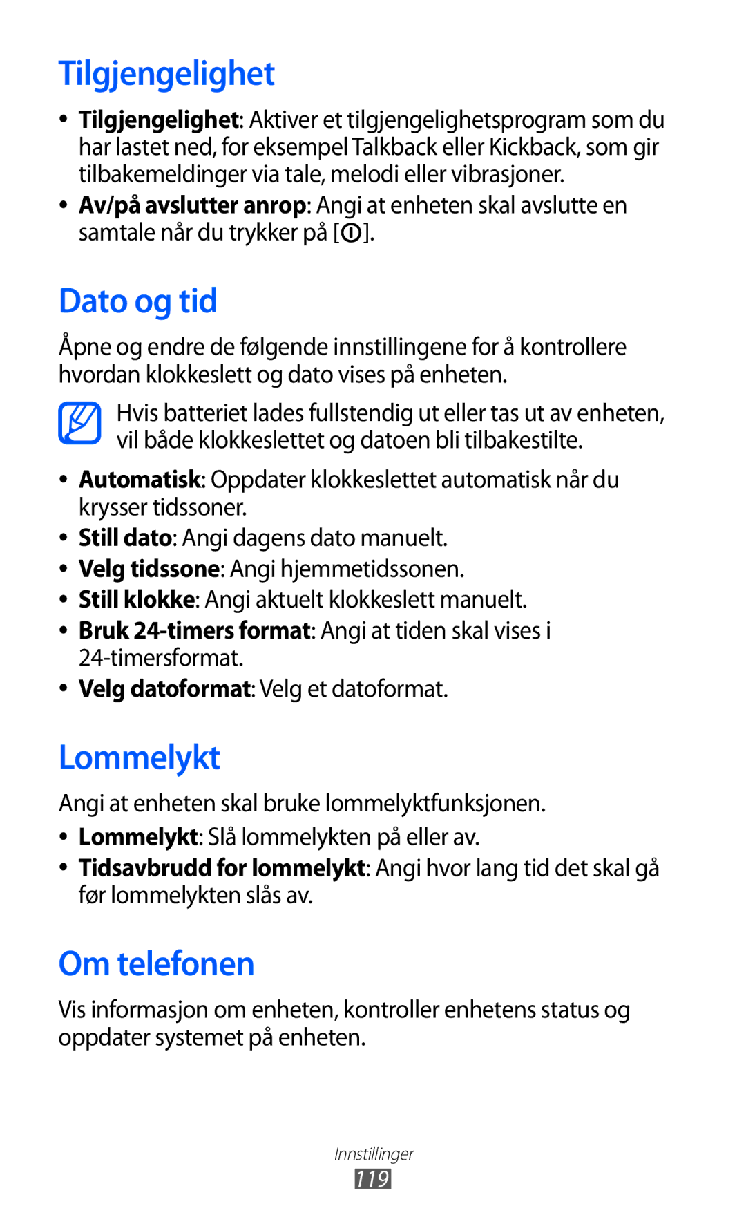 Samsung GT-S5690TAANEE manual Tilgjengelighet, Dato og tid, Lommelykt, Om telefonen, Velg datoformat Velg et datoformat 