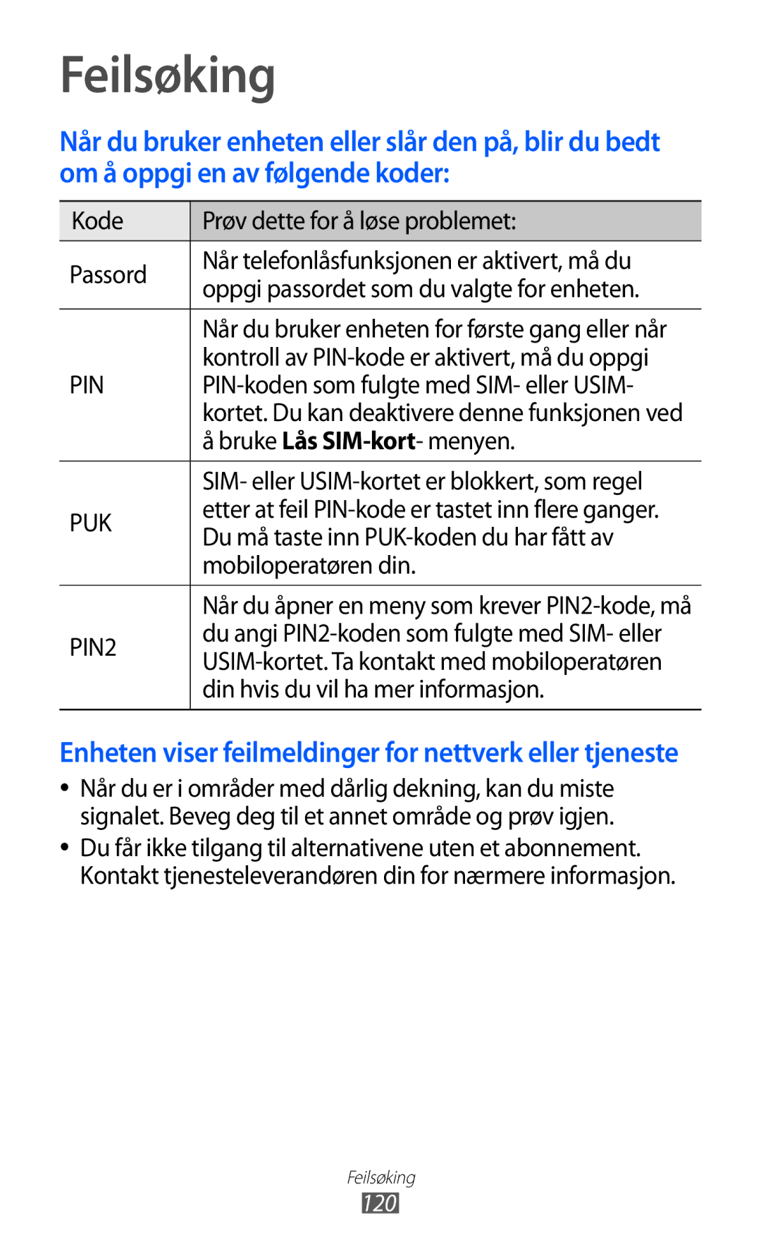 Samsung GT-S5690KOANEE, GT-S5690TAANEE Feilsøking, Bruke Lås SIM-kort- menyen, Du må taste inn PUK-koden du har fått av 