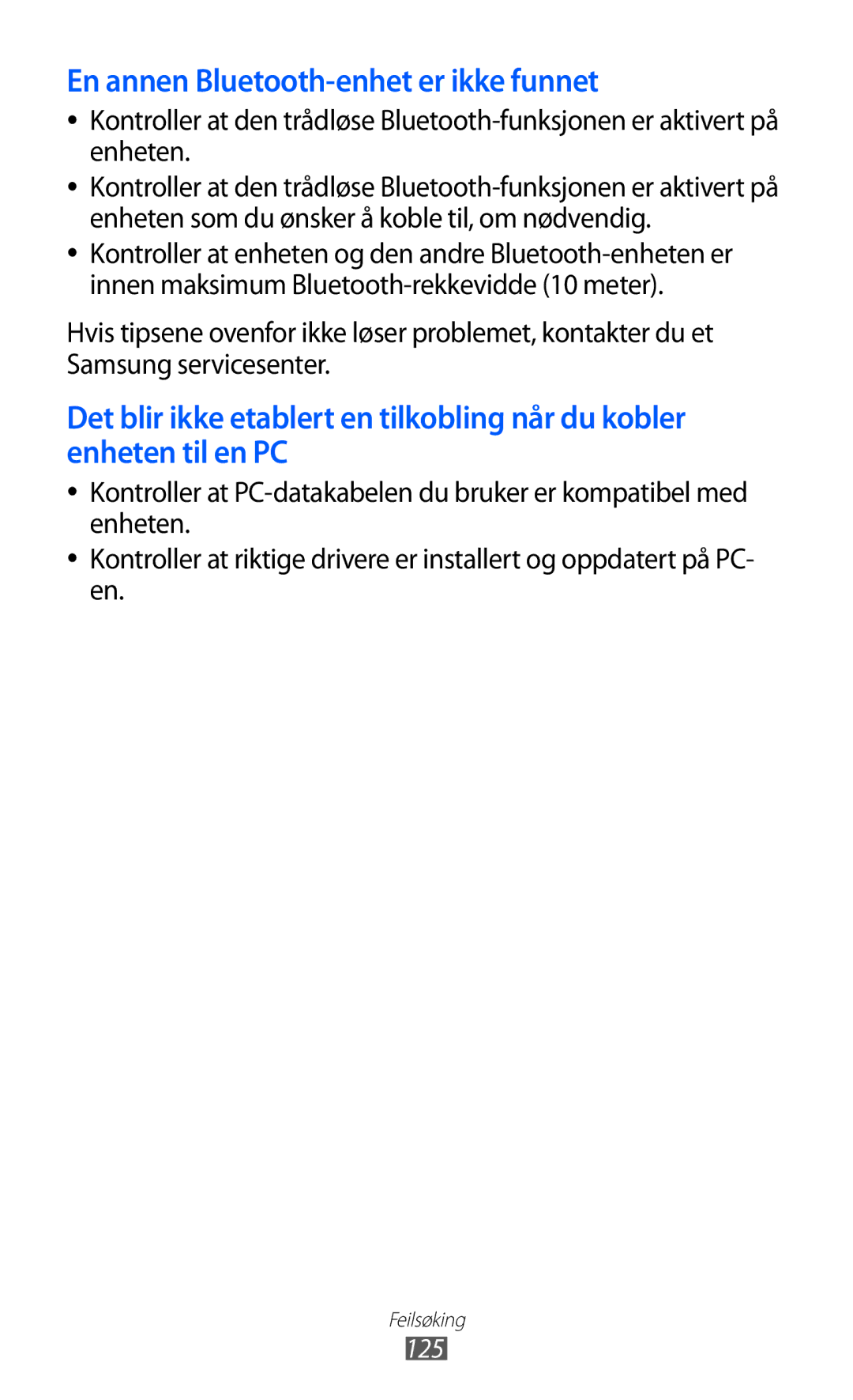 Samsung GT-S5690TAANEE, GT-S5690KOANEE manual En annen Bluetooth-enhet er ikke funnet, 125 