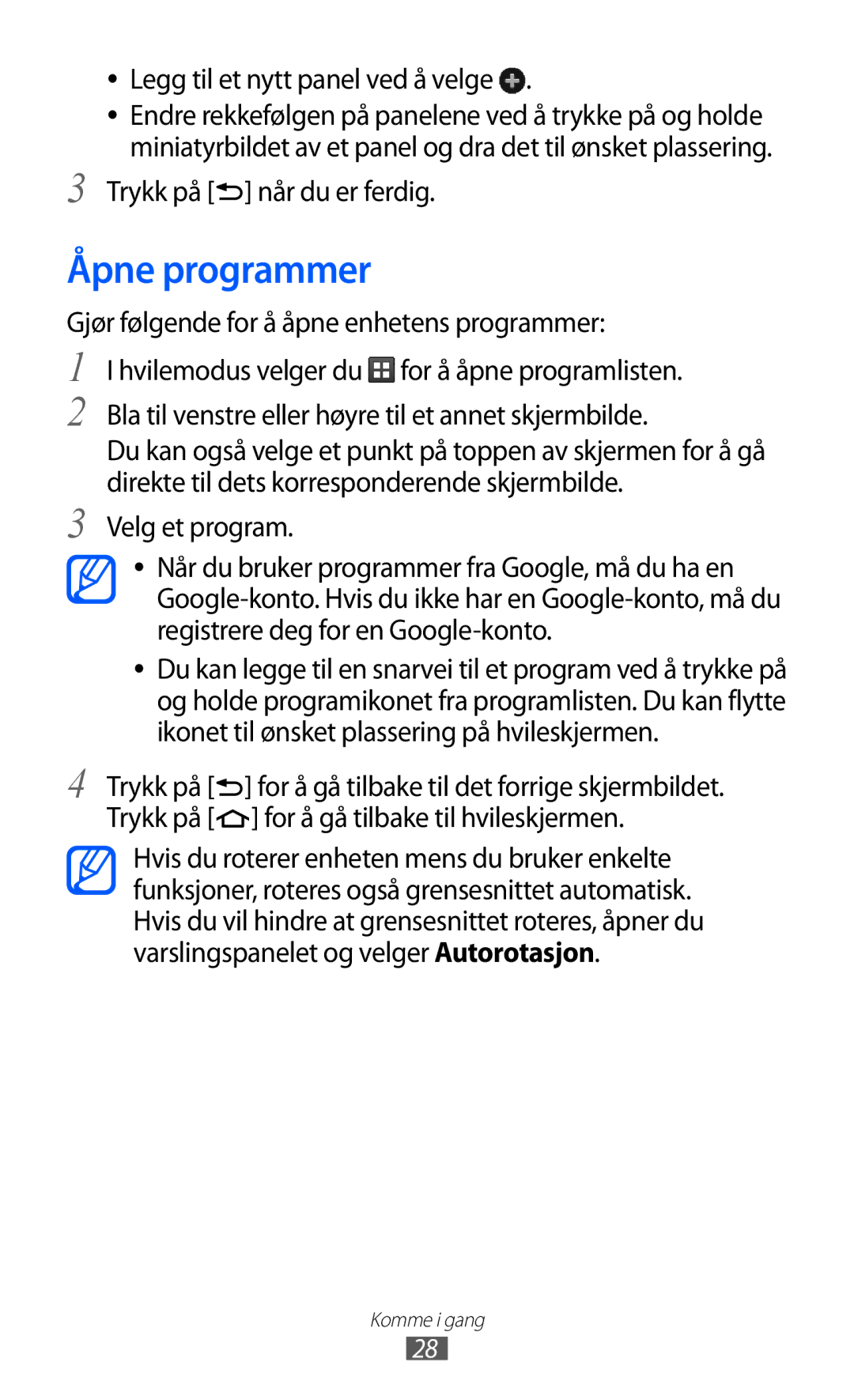 Samsung GT-S5690KOANEE Åpne programmer, Legg til et nytt panel ved å velge, Trykk på når du er ferdig, Velg et program 