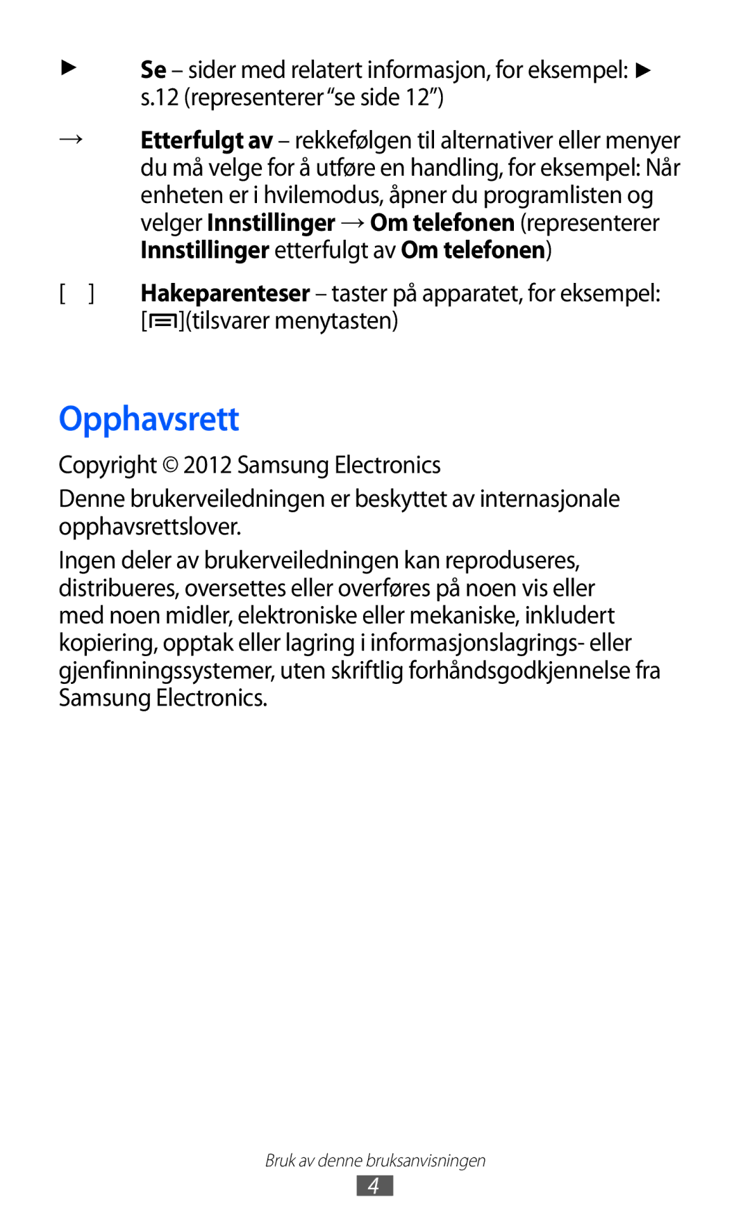 Samsung GT-S5690KOANEE, GT-S5690TAANEE manual Opphavsrett, Representererse side, Tilsvarer menytasten 