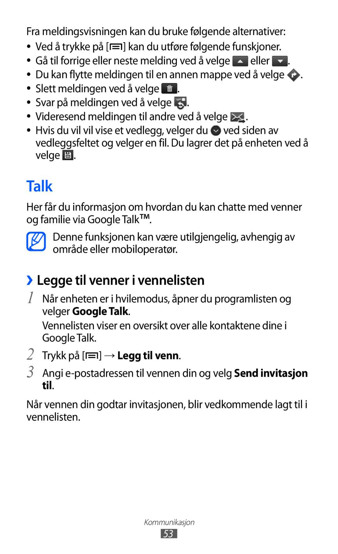 Samsung GT-S5690TAANEE, GT-S5690KOANEE manual Talk, ››Legge til venner i vennelisten 