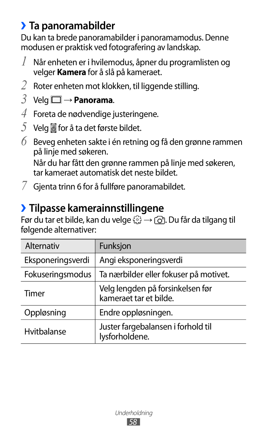 Samsung GT-S5690KOANEE manual ››Ta panoramabilder, ››Tilpasse kamerainnstillingene, Velg → Panorama, Angi eksponeringsverdi 