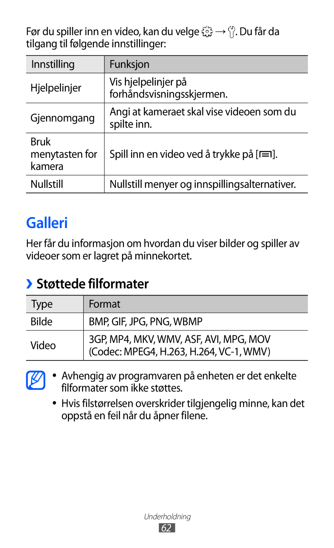 Samsung GT-S5690KOANEE, GT-S5690TAANEE manual Galleri, Støttede filformater 