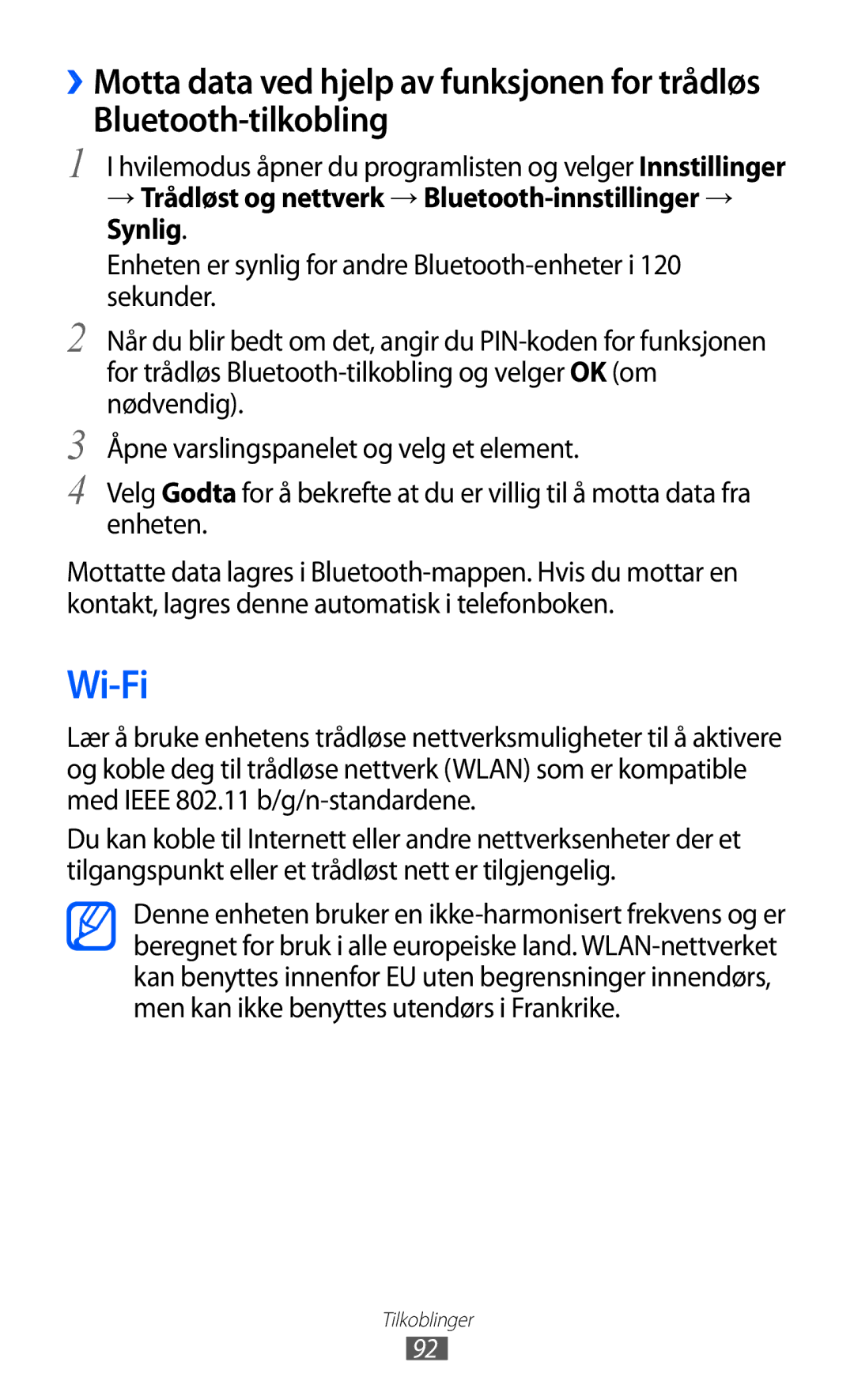 Samsung GT-S5690KOANEE, GT-S5690TAANEE manual Wi-Fi, → Trådløst og nettverk → Bluetooth-innstillinger → Synlig 