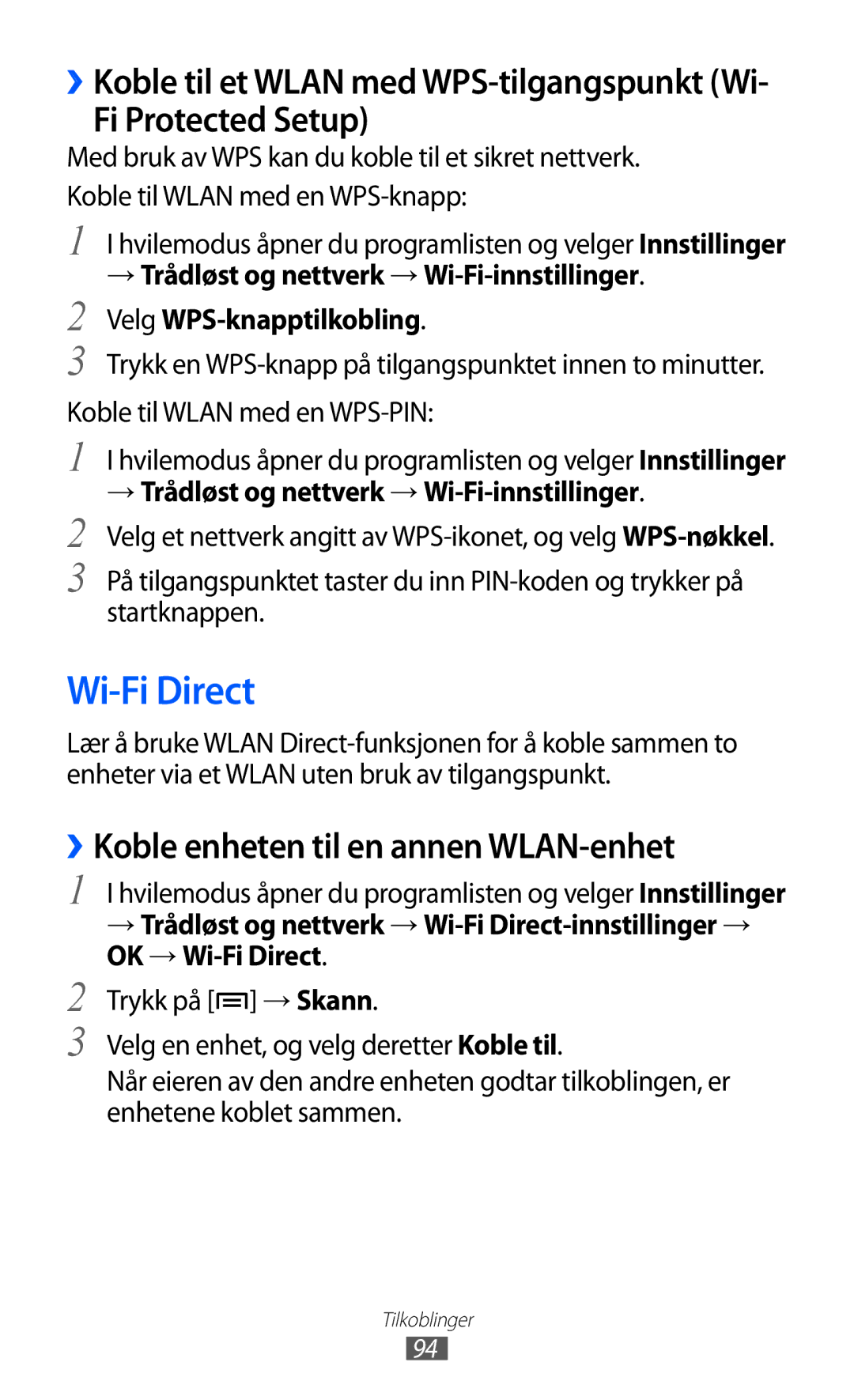 Samsung GT-S5690KOANEE, GT-S5690TAANEE manual Wi-Fi Direct, Fi Protected Setup, ››Koble enheten til en annen WLAN-enhet 