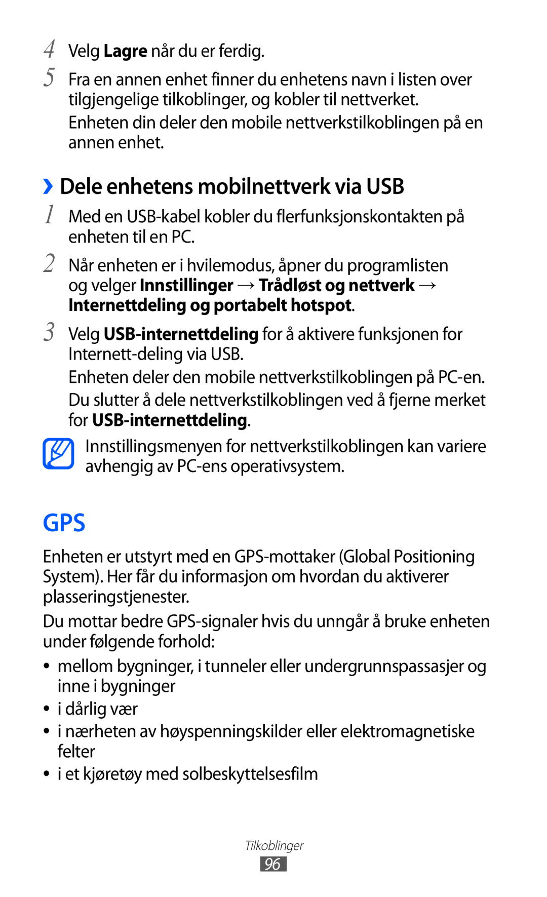 Samsung GT-S5690KOANEE, GT-S5690TAANEE manual ››Dele enhetens mobilnettverk via USB, Velg Lagre når du er ferdig 