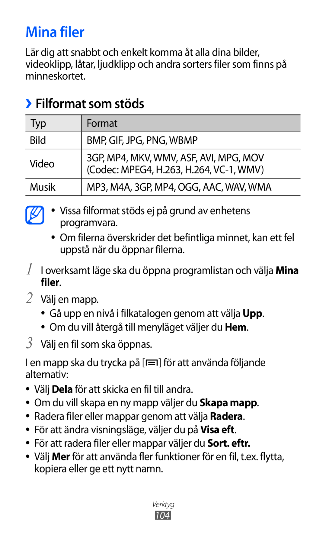 Samsung GT-S5690KOANEE, GT-S5690TAANEE manual Mina filer, Musik 