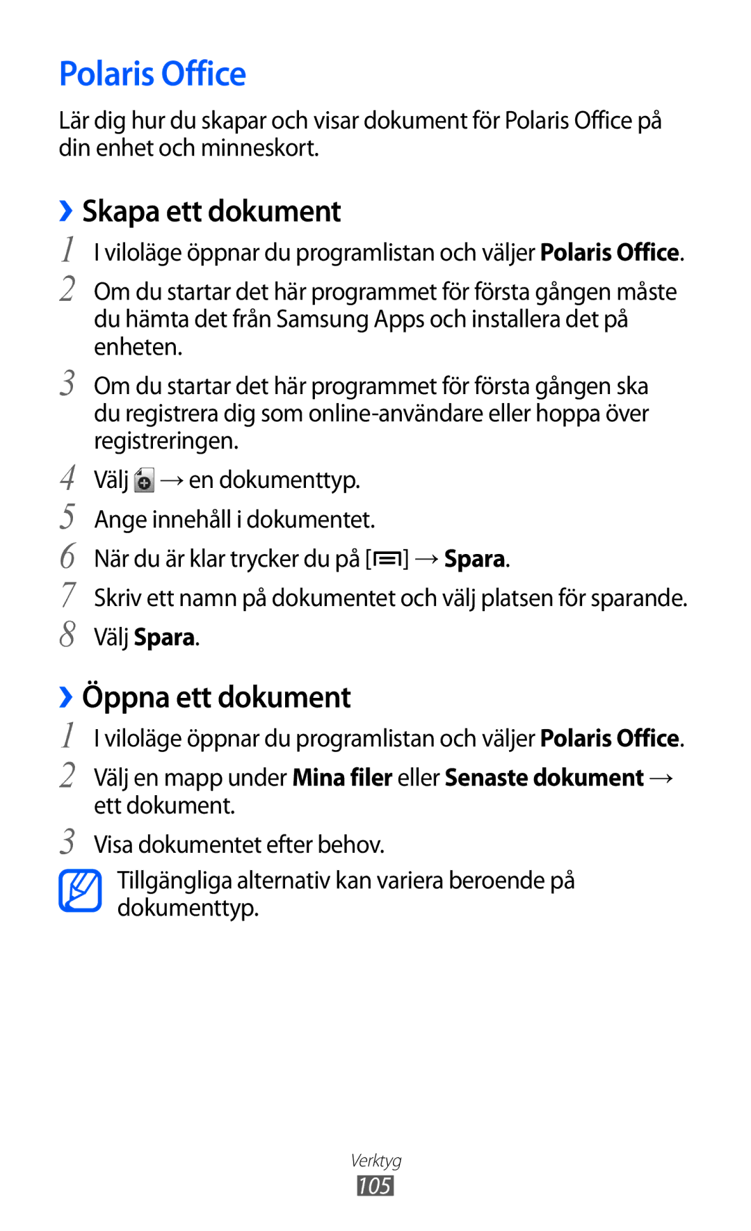Samsung GT-S5690TAANEE, GT-S5690KOANEE manual Polaris Office, ››Skapa ett dokument, ››Öppna ett dokument 