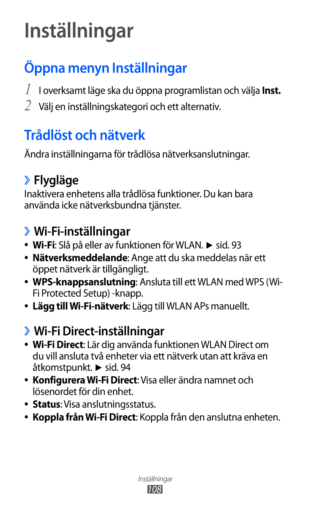 Samsung GT-S5690KOANEE, GT-S5690TAANEE manual Öppna menyn Inställningar, Trådlöst och nätverk 