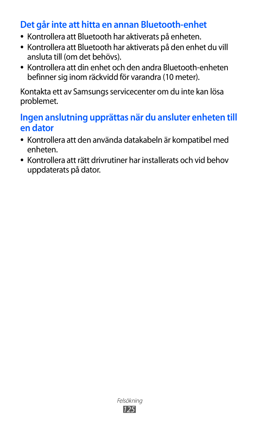 Samsung GT-S5690TAANEE, GT-S5690KOANEE manual Det går inte att hitta en annan Bluetooth-enhet 