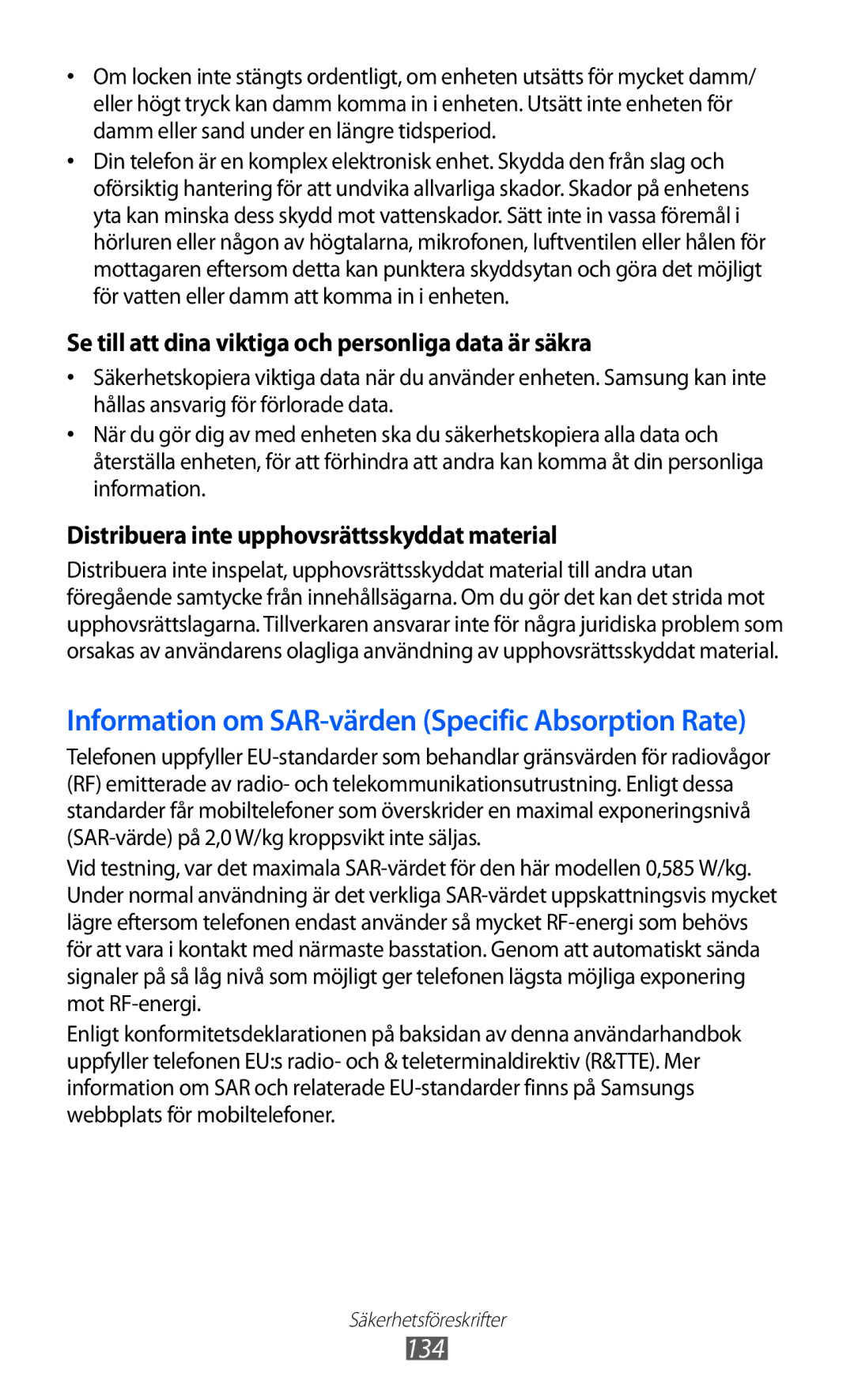 Samsung GT-S5690KOANEE, GT-S5690TAANEE manual Information om SAR-värden Specific Absorption Rate 