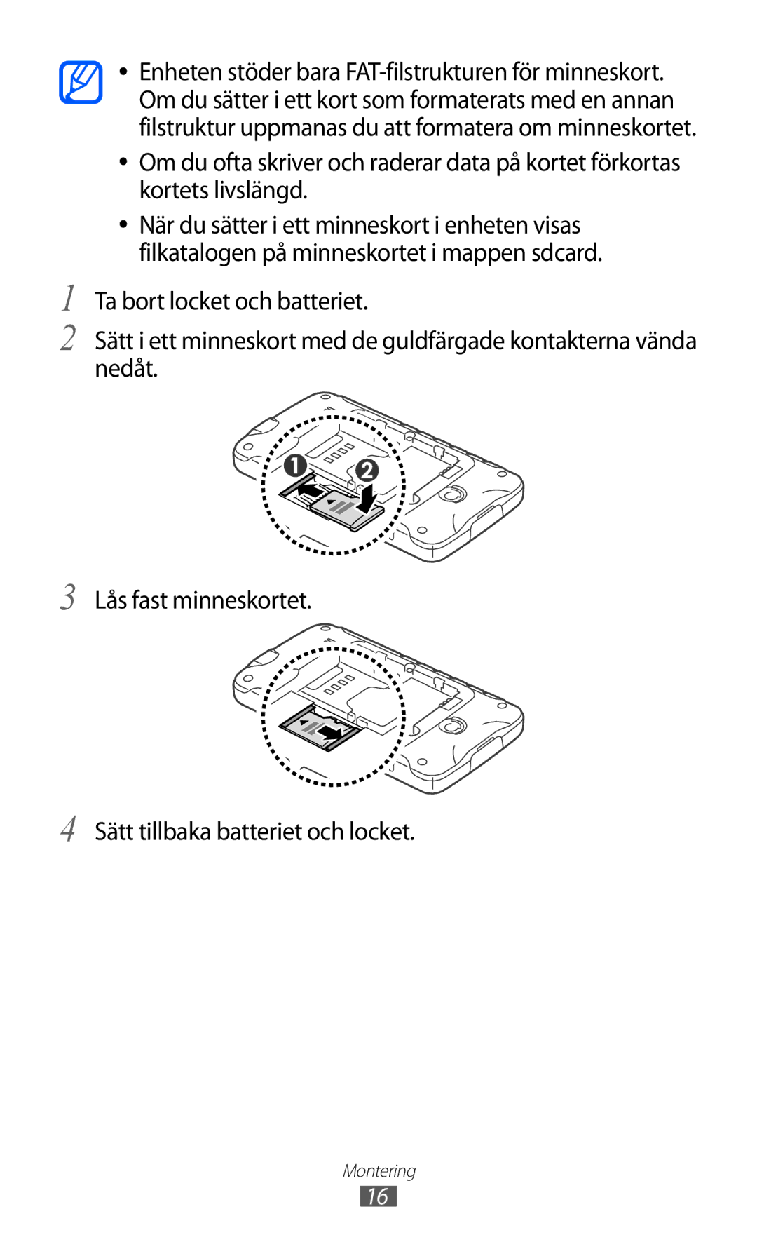 Samsung GT-S5690KOANEE, GT-S5690TAANEE manual Montering 