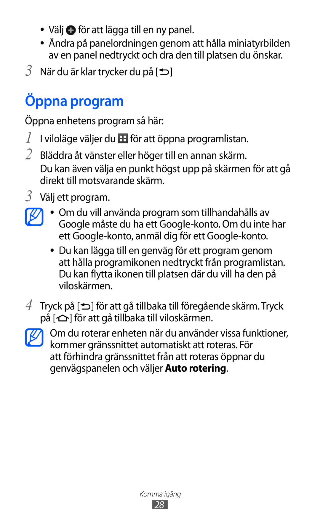 Samsung GT-S5690KOANEE, GT-S5690TAANEE Öppna program, Välj för att lägga till en ny panel, När du är klar trycker du på 