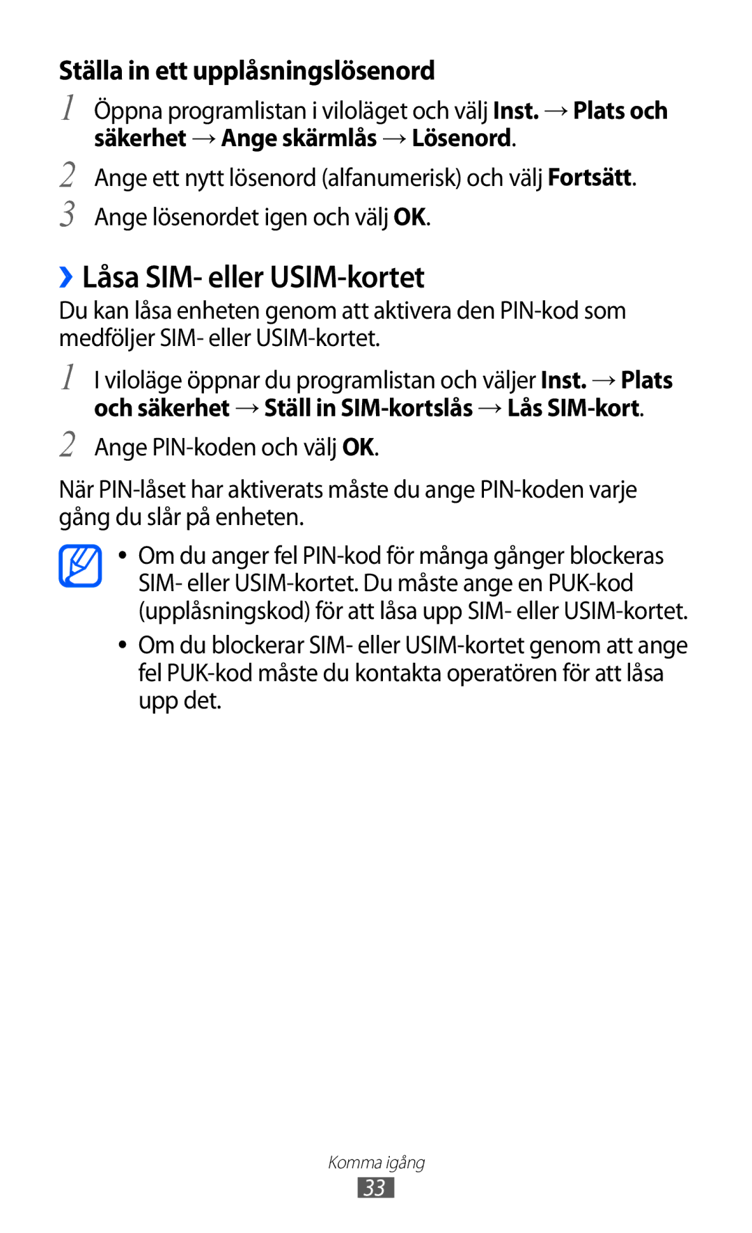 Samsung GT-S5690TAANEE, GT-S5690KOANEE manual ››Låsa SIM- eller USIM-kortet, Säkerhet → Ange skärmlås → Lösenord 