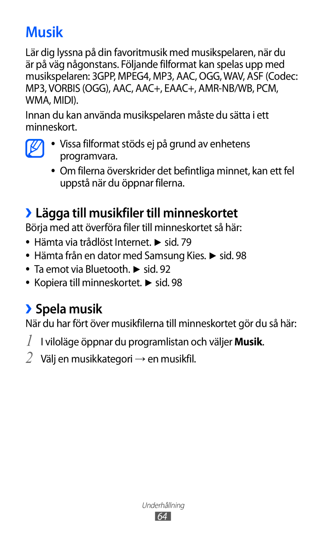 Samsung GT-S5690KOANEE, GT-S5690TAANEE manual Musik, ››Lägga till musikfiler till minneskortet, ››Spela musik 