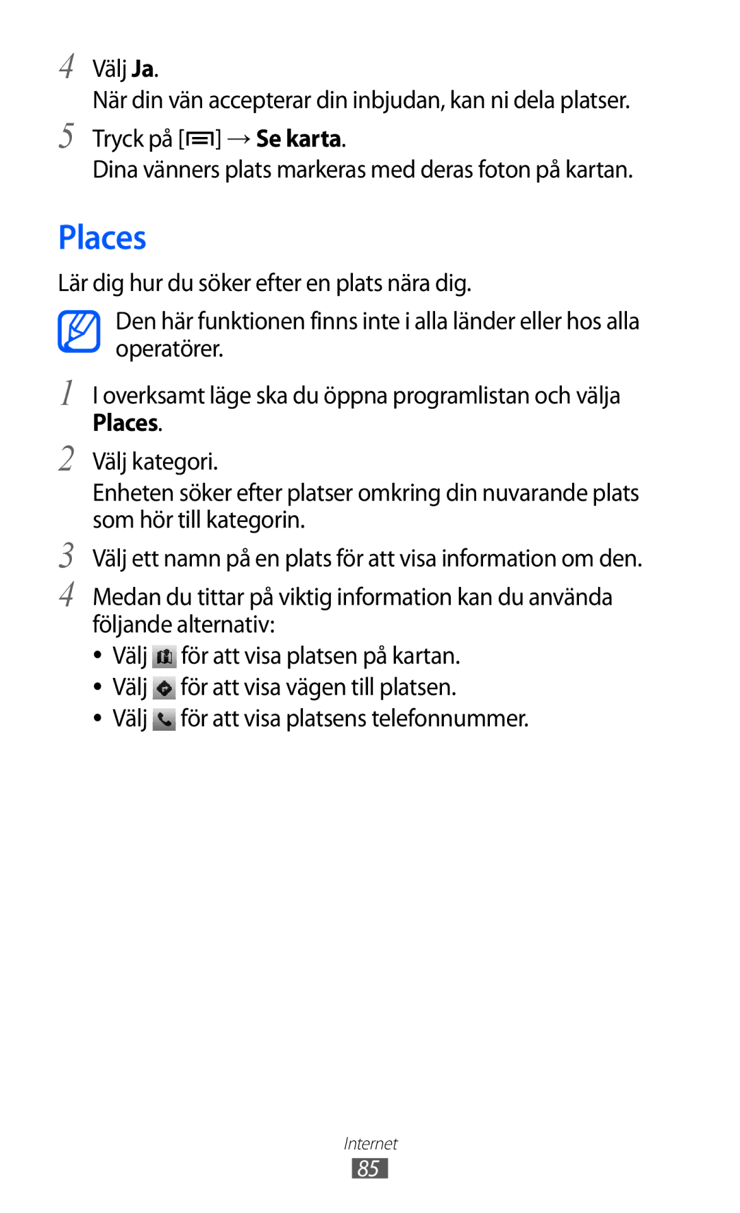 Samsung GT-S5690TAANEE, GT-S5690KOANEE manual Places, Välj för att visa platsens telefonnummer 