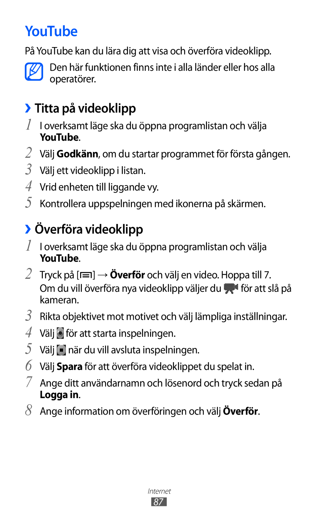 Samsung GT-S5690TAANEE, GT-S5690KOANEE manual YouTube, ››Titta på videoklipp, ››Överföra videoklipp, Logga 