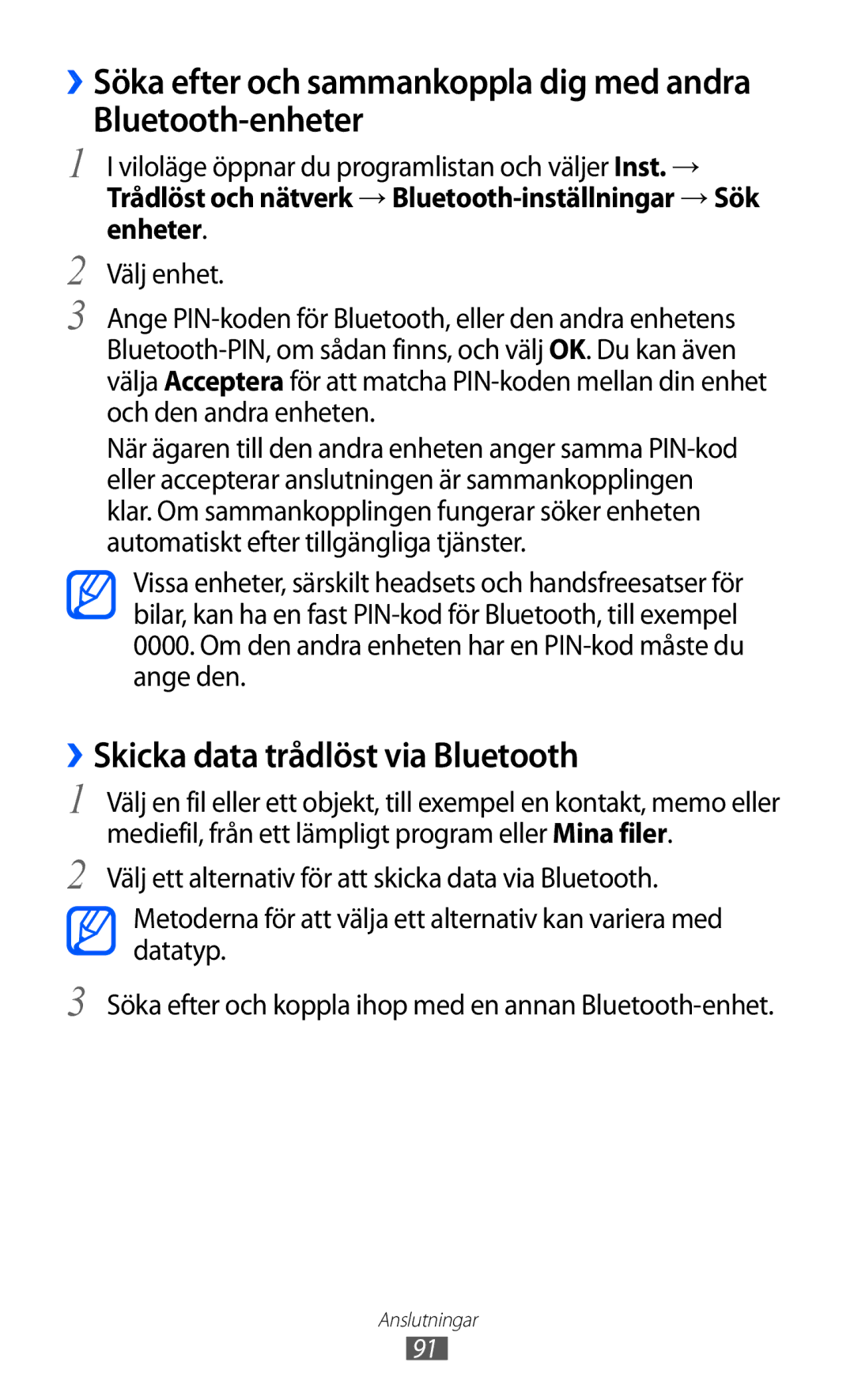 Samsung GT-S5690TAANEE, GT-S5690KOANEE manual Bluetooth-enheter, ››Skicka data trådlöst via Bluetooth 