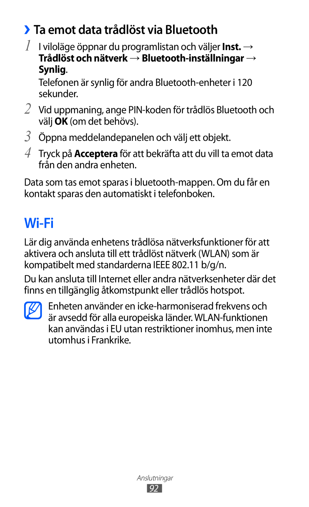 Samsung GT-S5690KOANEE, GT-S5690TAANEE manual Wi-Fi, ››Ta emot data trådlöst via Bluetooth 