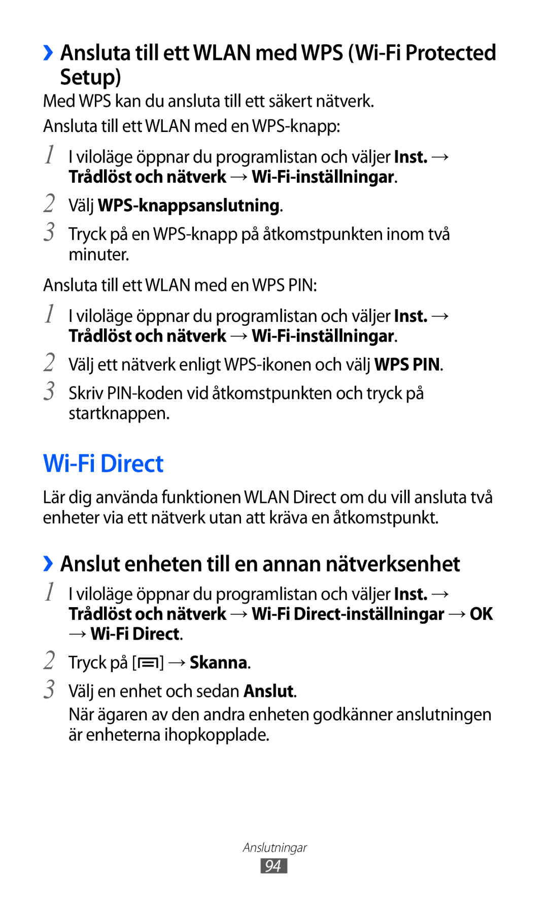 Samsung GT-S5690KOANEE manual Wi-Fi Direct, Setup, Välj WPS-knappsanslutning, Trådlöst och nätverk → Wi-Fi-inställningar 