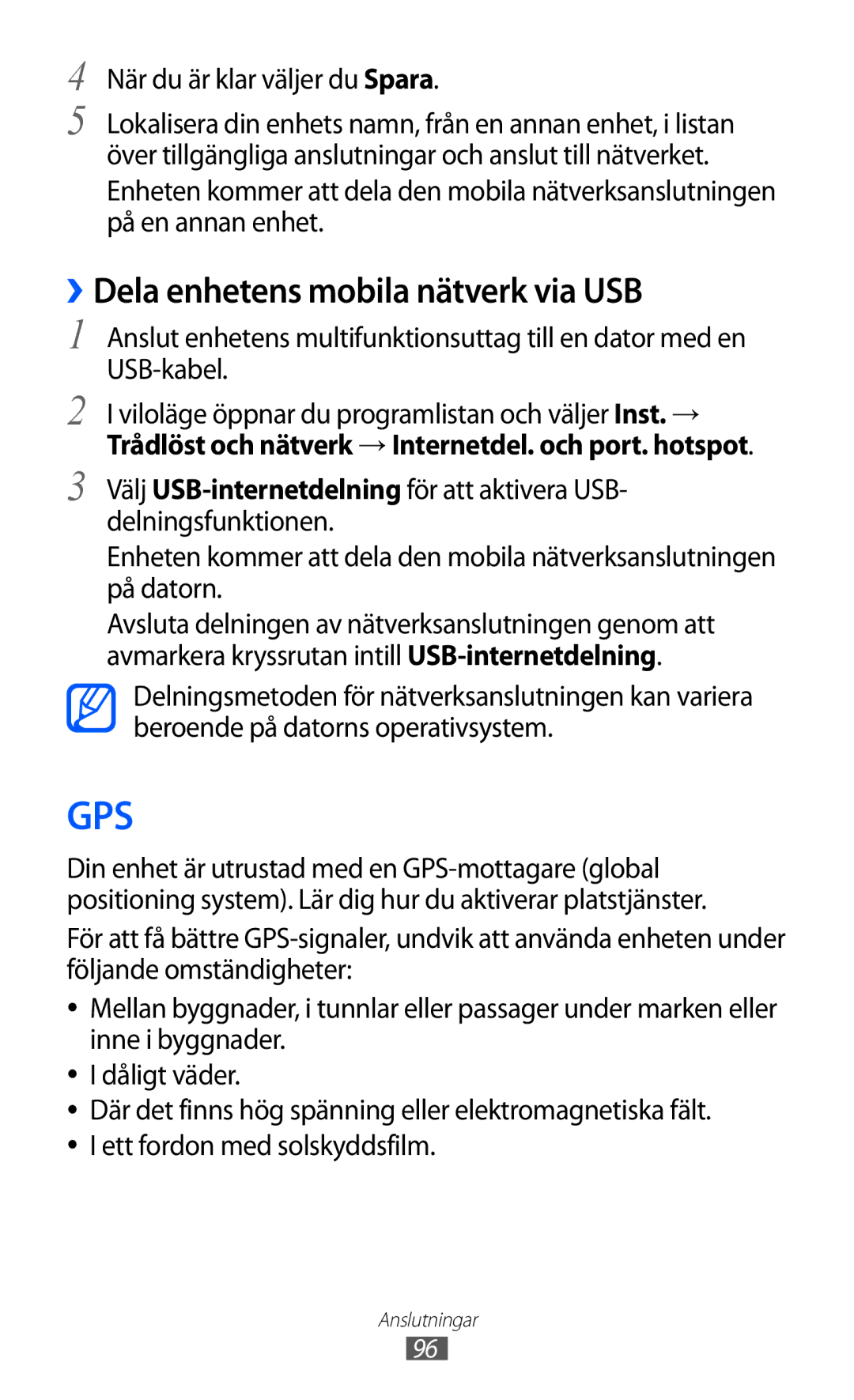 Samsung GT-S5690KOANEE, GT-S5690TAANEE manual ››Dela enhetens mobila nätverk via USB, När du är klar väljer du Spara 