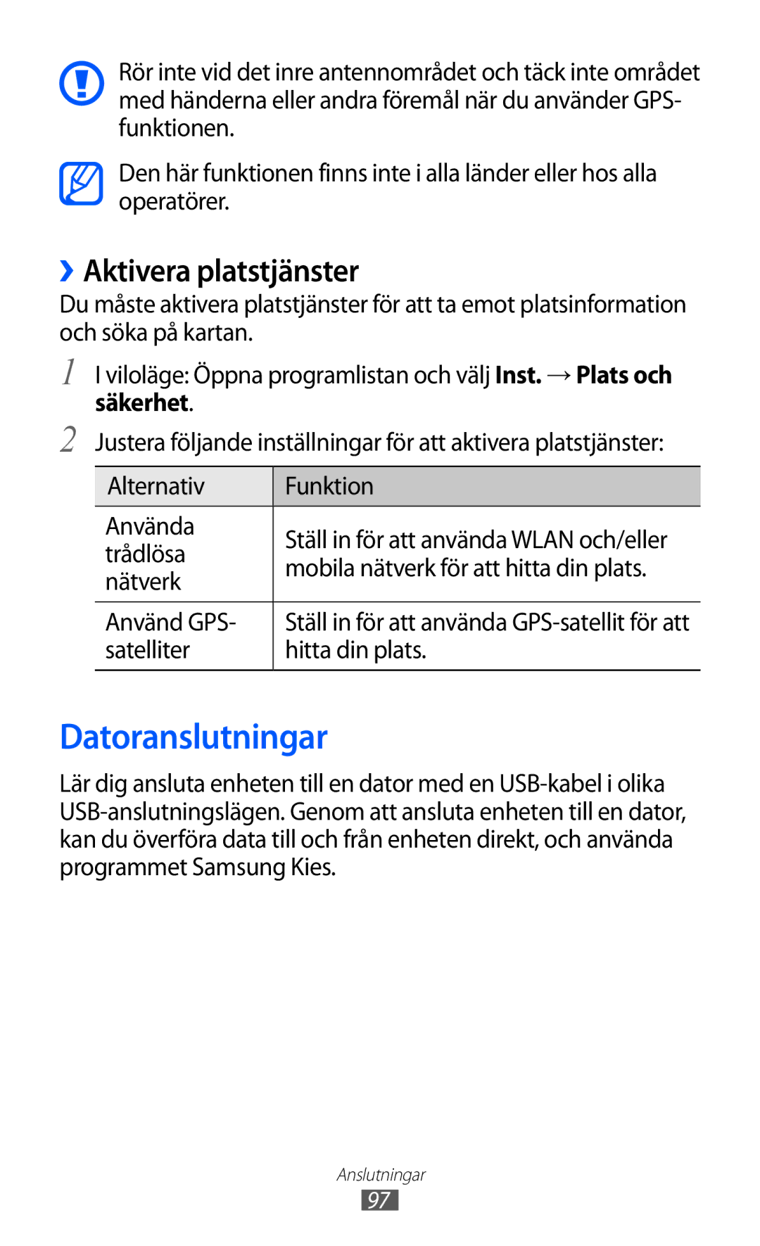 Samsung GT-S5690TAANEE, GT-S5690KOANEE manual Datoranslutningar, ››Aktivera platstjänster 