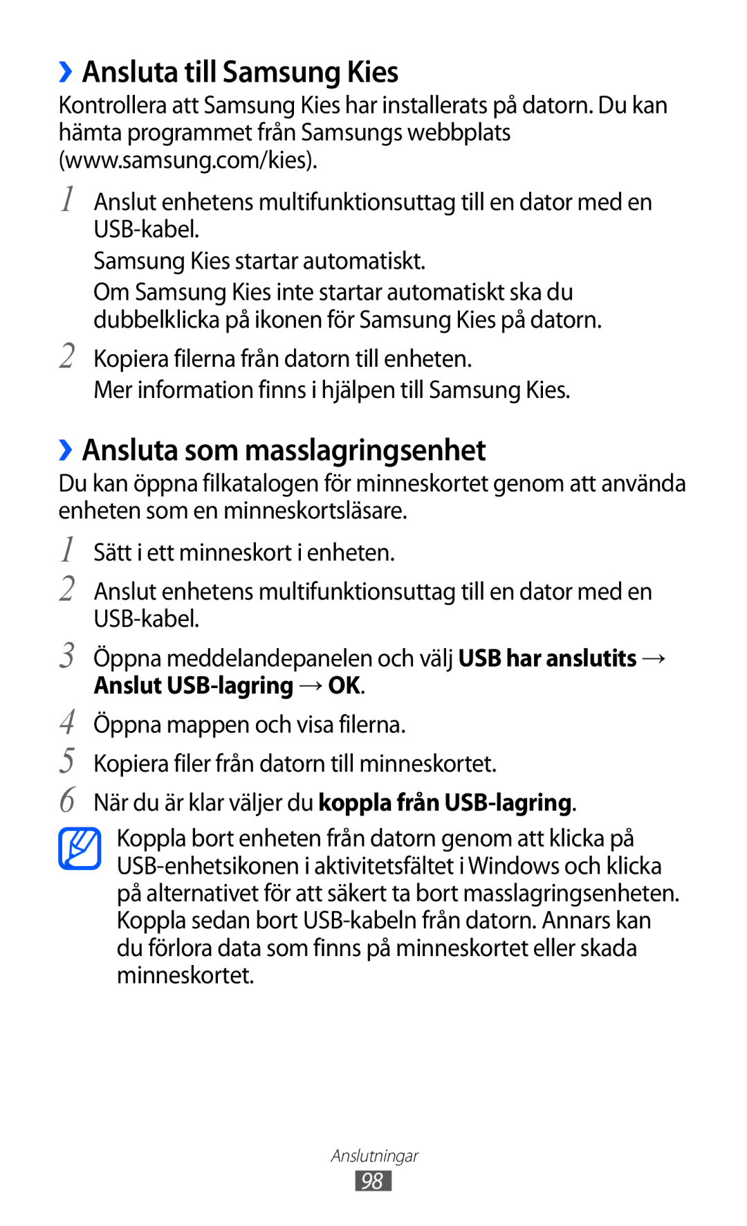 Samsung GT-S5690KOANEE manual ››Ansluta till Samsung Kies, ››Ansluta som masslagringsenhet, Anslut USB-lagring → OK 