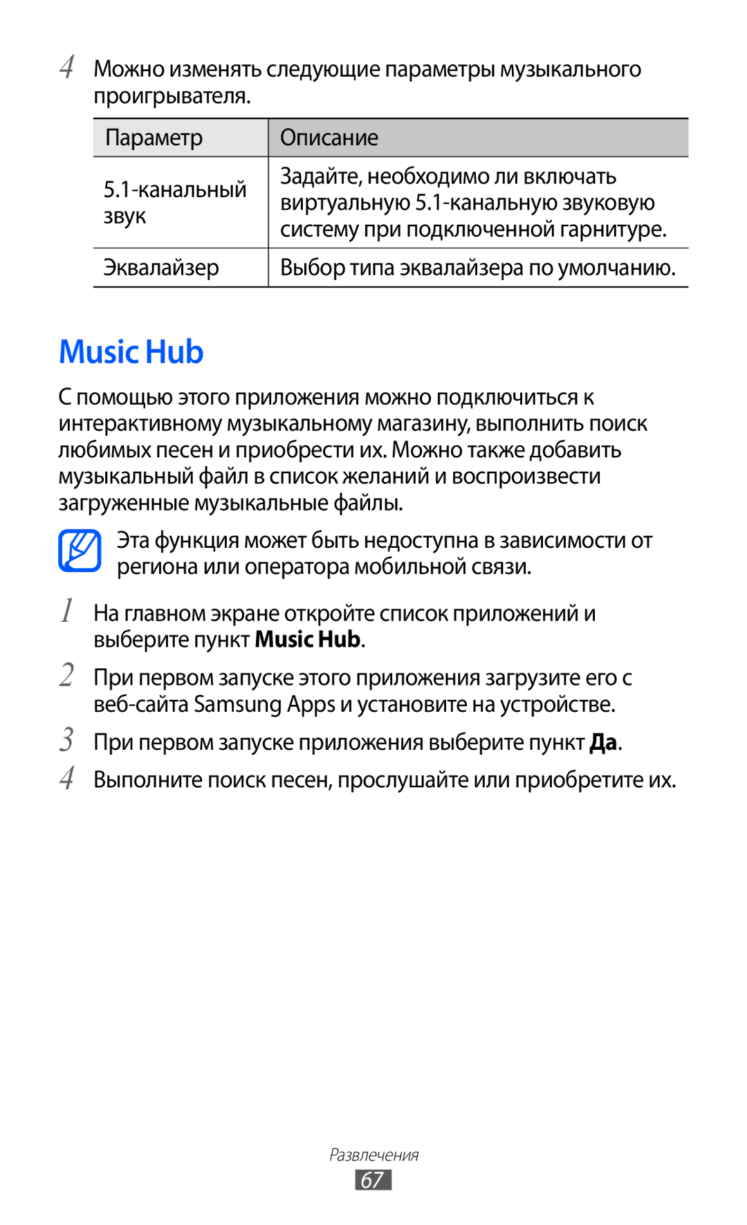 Samsung GT-S5690TAASER, GT-S5690KOASEB, GT-S5690KOASER, GT-S5690TAAMGF, GT-S5690KOAMGF manual Music Hub, Звук, Эквалайзер 