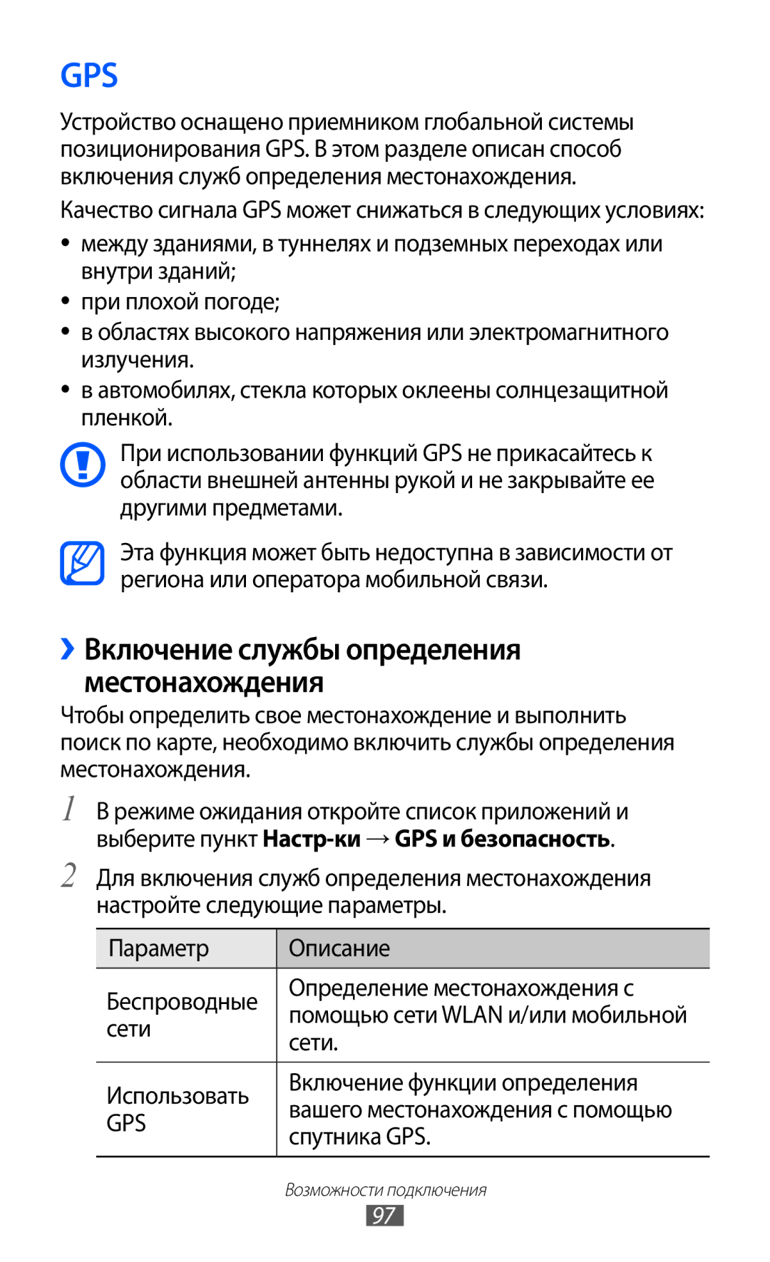 Samsung GT-S5690TAASER ››Включение службы определения местонахождения, Определение местонахождения с, Сети, Спутника GPS 