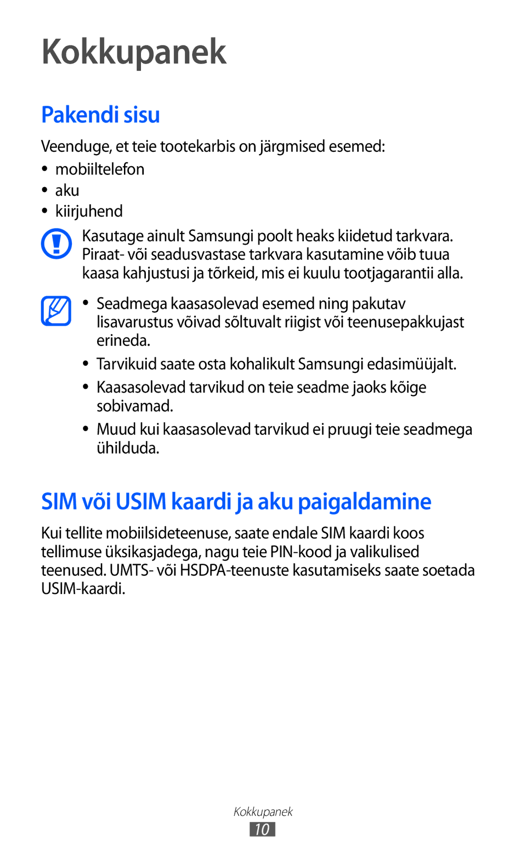 Samsung GT-S5690KOASEB manual Kokkupanek, Pakendi sisu, SIM või Usim kaardi ja aku paigaldamine 