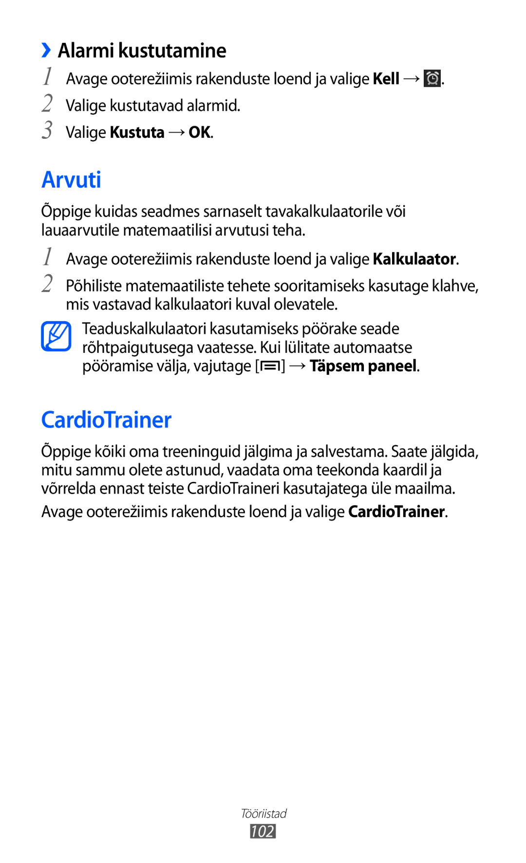 Samsung GT-S5690KOASEB manual Arvuti, CardioTrainer, ››Alarmi kustutamine, 102 