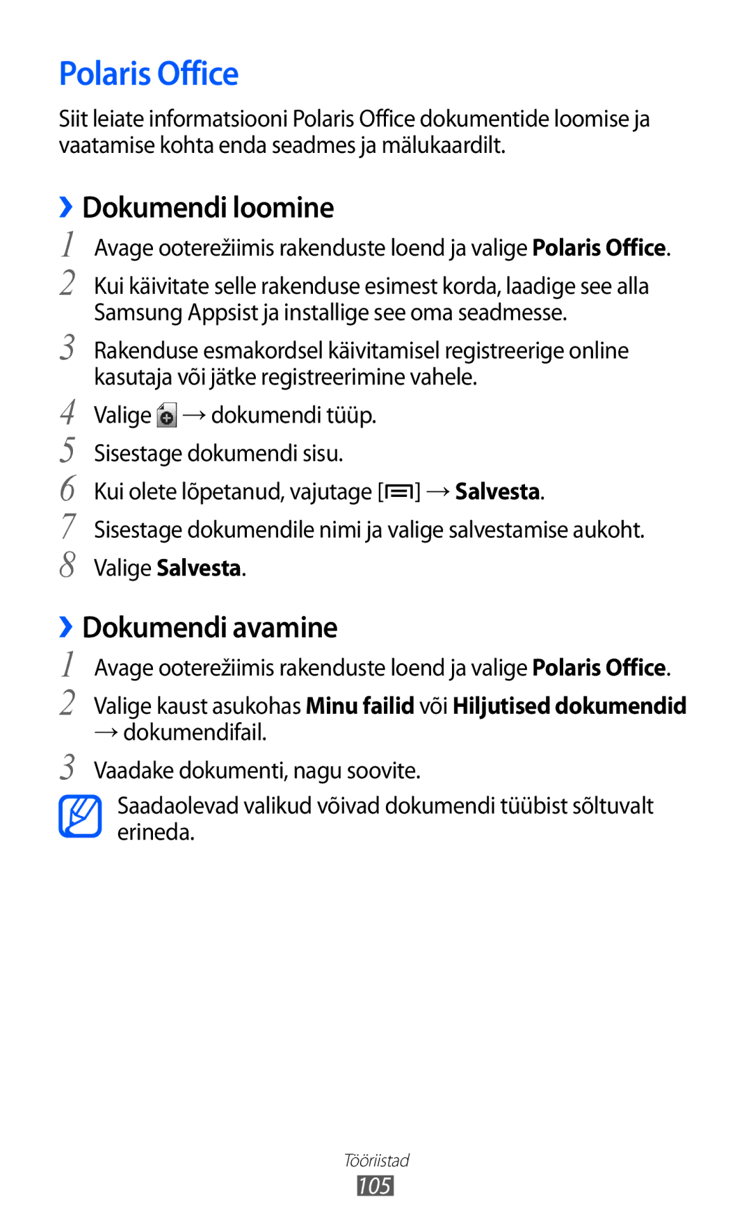 Samsung GT-S5690KOASEB manual Polaris Office, ››Dokumendi loomine, ››Dokumendi avamine, 105 