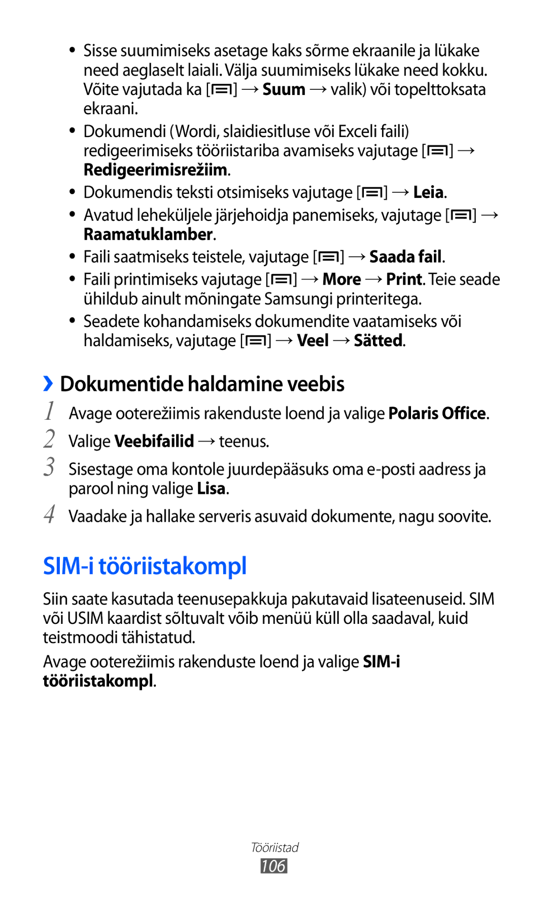 Samsung GT-S5690KOASEB manual SIM-i tööriistakompl, ››Dokumentide haldamine veebis, 106 