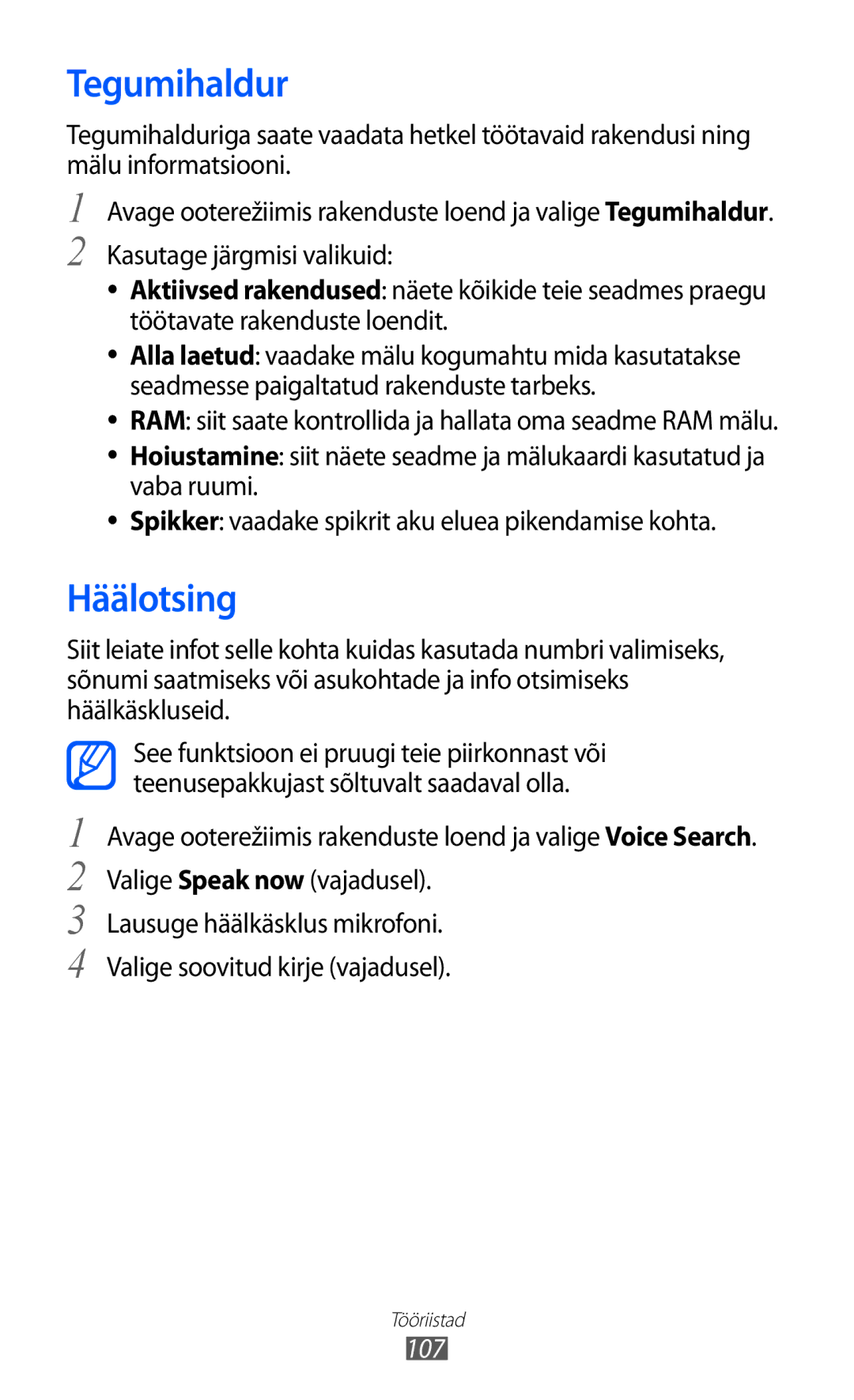 Samsung GT-S5690KOASEB manual Tegumihaldur, Häälotsing, 107 