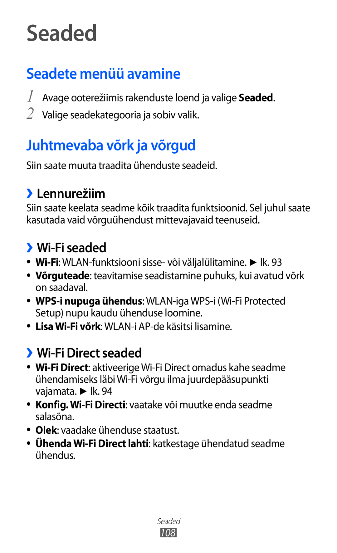 Samsung GT-S5690KOASEB manual Seaded, Seadete menüü avamine, Juhtmevaba võrk ja võrgud 