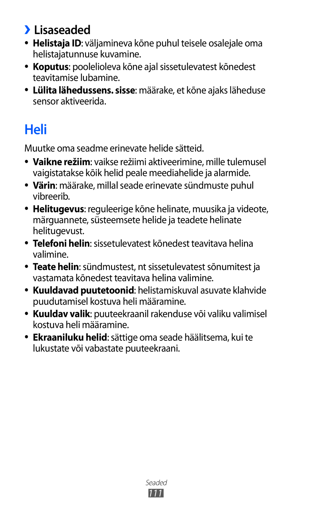 Samsung GT-S5690KOASEB manual Heli, ››Lisaseaded, Muutke oma seadme erinevate helide sätteid, 111 