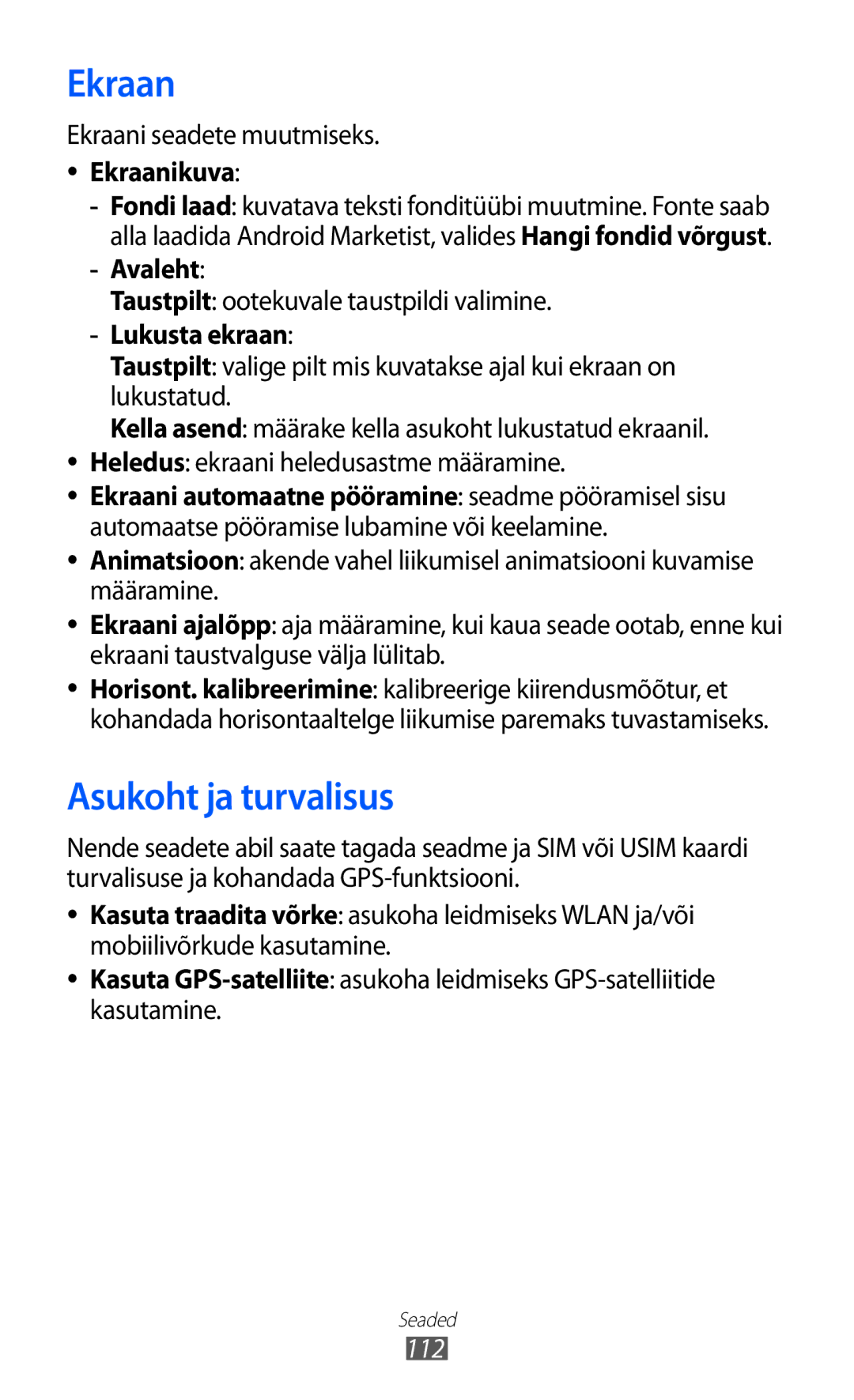 Samsung GT-S5690KOASEB manual Asukoht ja turvalisus, Ekraanikuva, Avaleht, Lukusta ekraan 