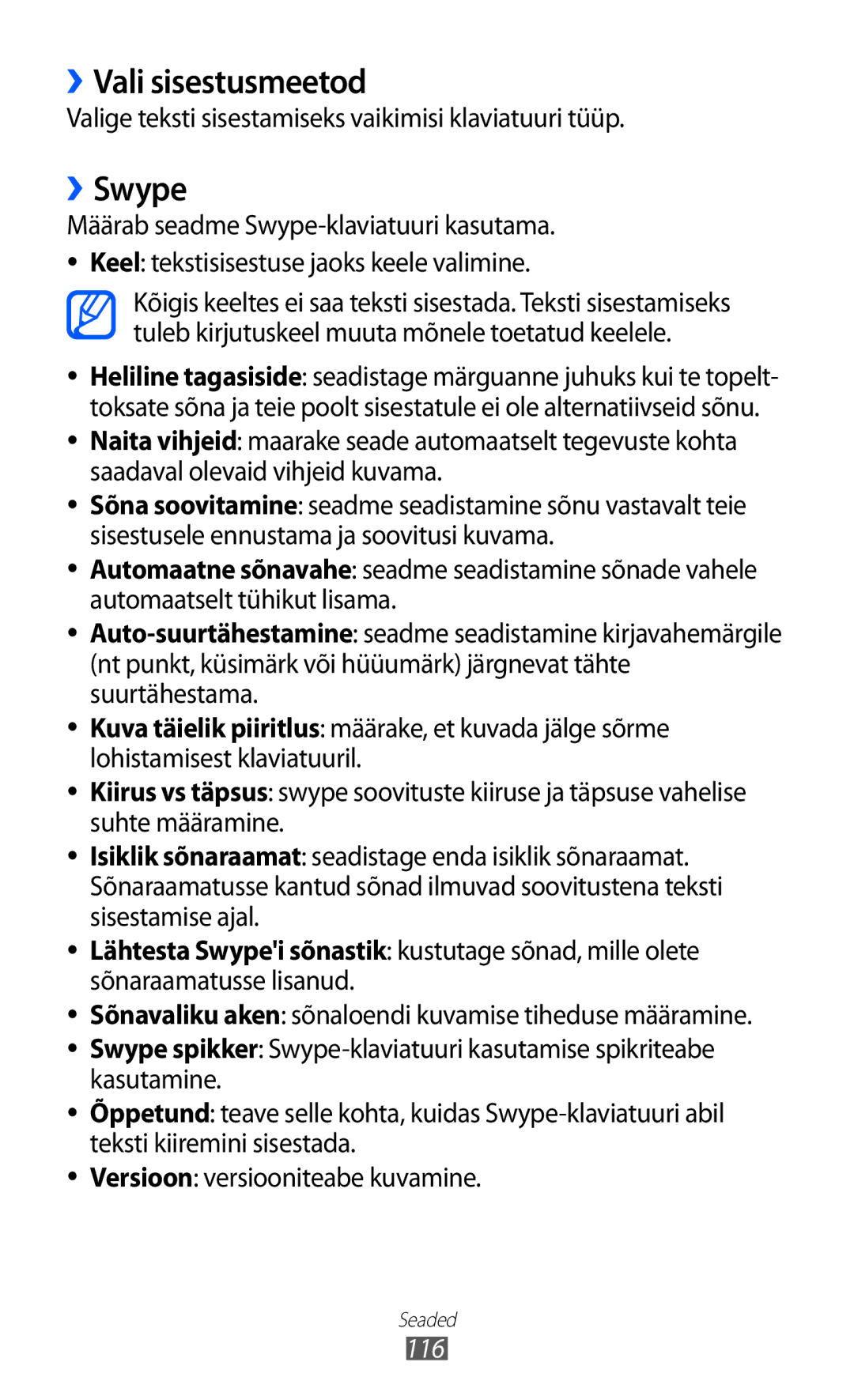 Samsung GT-S5690KOASEB manual ››Vali sisestusmeetod, ››Swype, Valige teksti sisestamiseks vaikimisi klaviatuuri tüüp, 116 