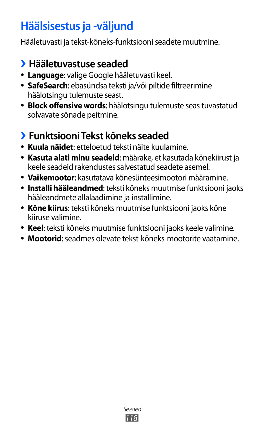 Samsung GT-S5690KOASEB manual Häälsisestus ja -väljund, ››Hääletuvastuse seaded, ››Funktsiooni Tekst kõneks seaded, 118 