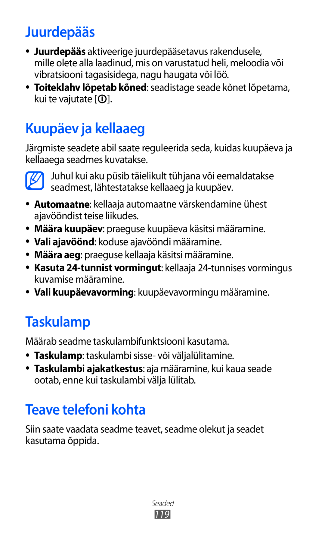 Samsung GT-S5690KOASEB manual Juurdepääs, Kuupäev ja kellaaeg, Taskulamp, Teave telefoni kohta, 119 