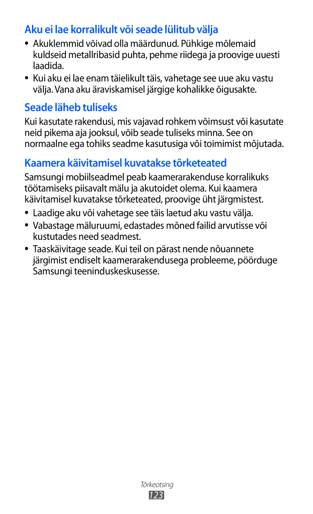 Samsung GT-S5690KOASEB manual Aku ei lae korralikult või seade lülitub välja, 123 