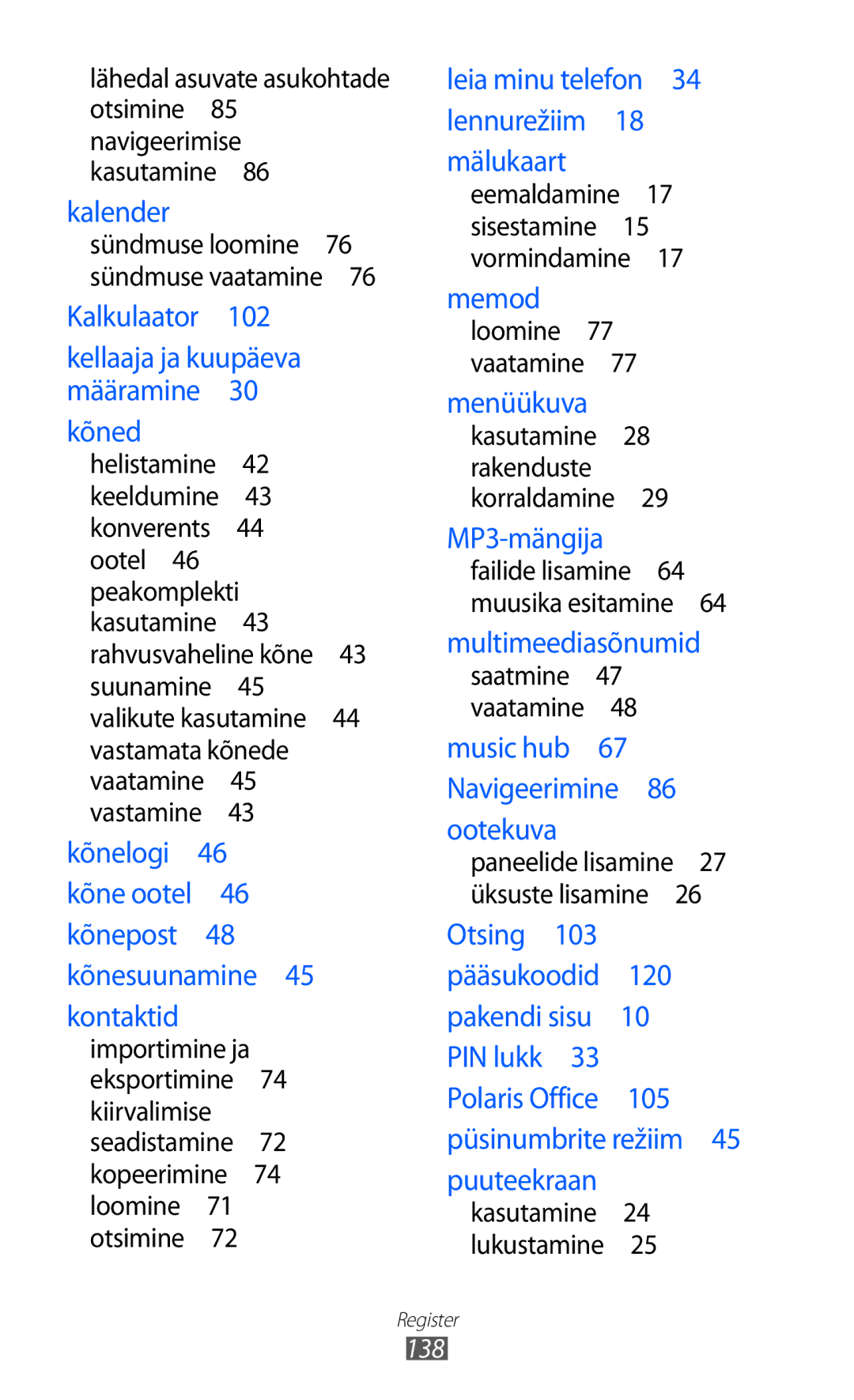 Samsung GT-S5690KOASEB manual Kõned, 138 