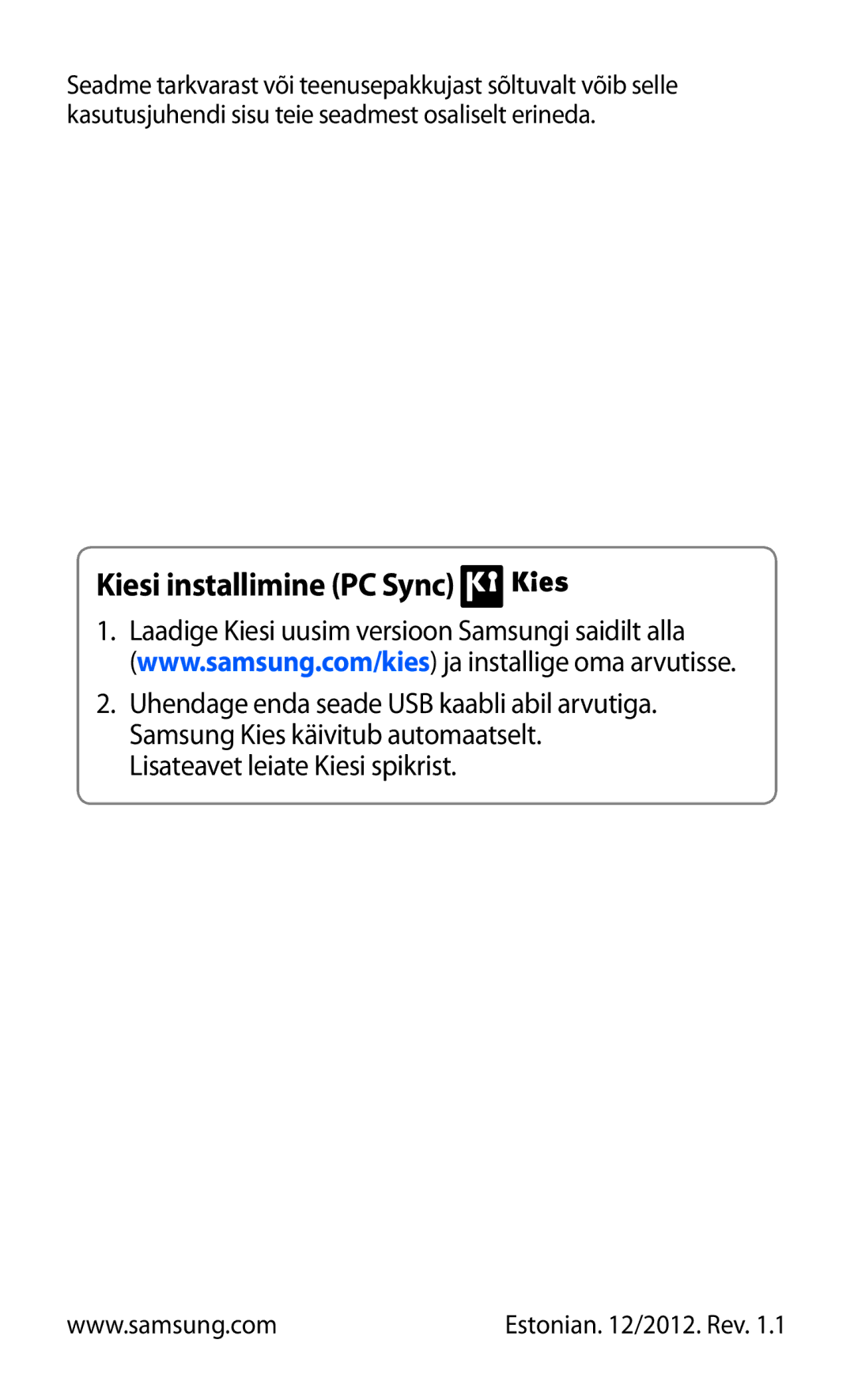 Samsung GT-S5690KOASEB manual Kiesi installimine PC Sync 