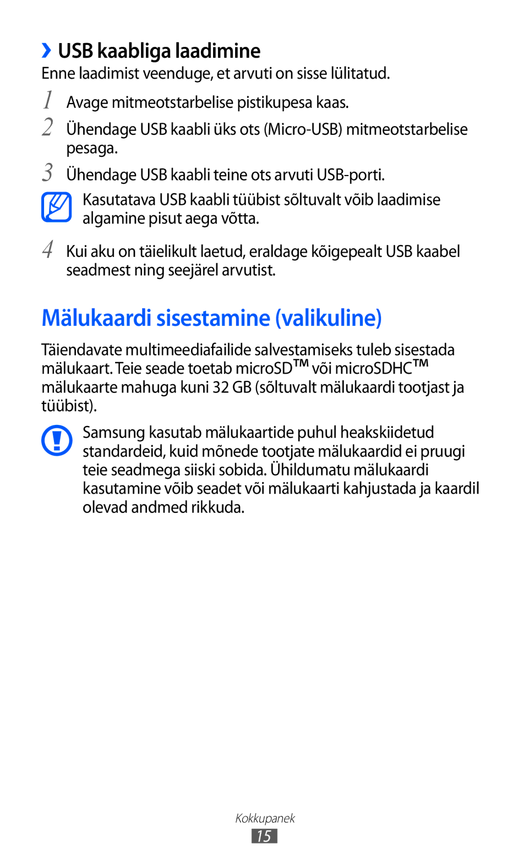 Samsung GT-S5690KOASEB manual Mälukaardi sisestamine valikuline, ››USB kaabliga laadimine 