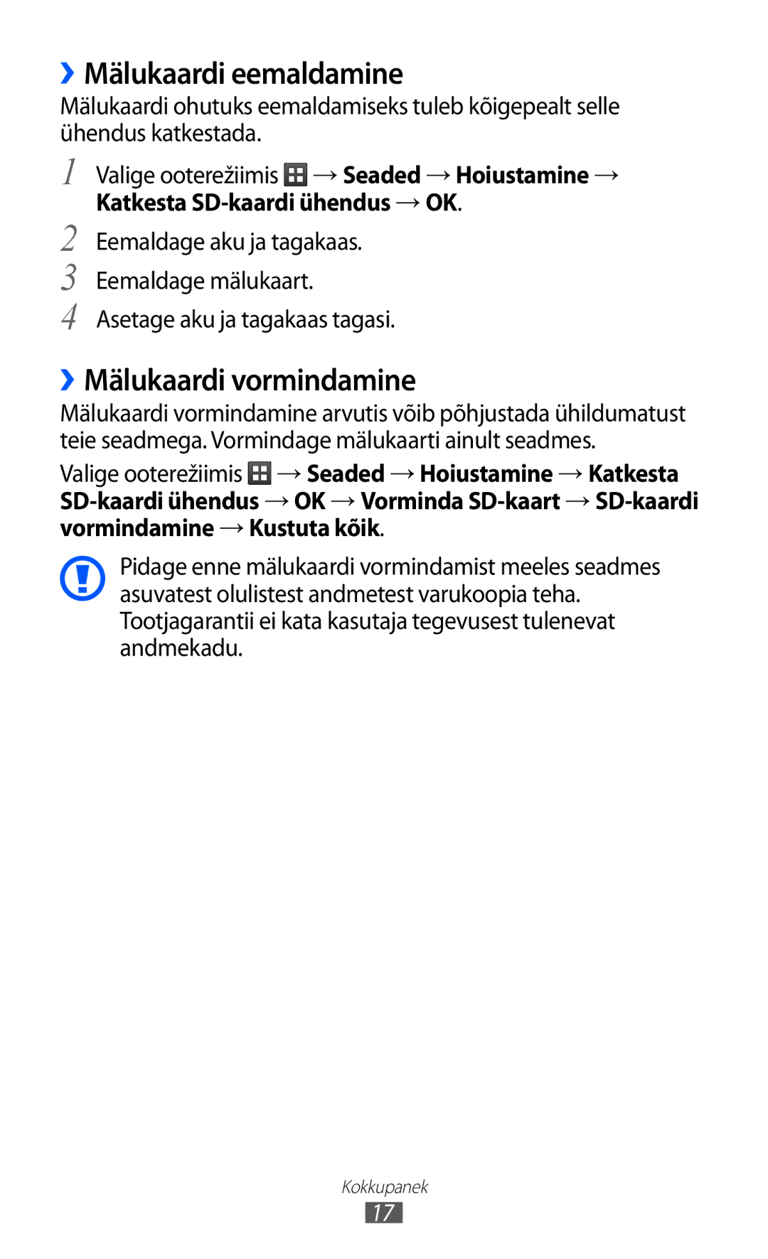 Samsung GT-S5690KOASEB manual ››Mälukaardi eemaldamine, ››Mälukaardi vormindamine 