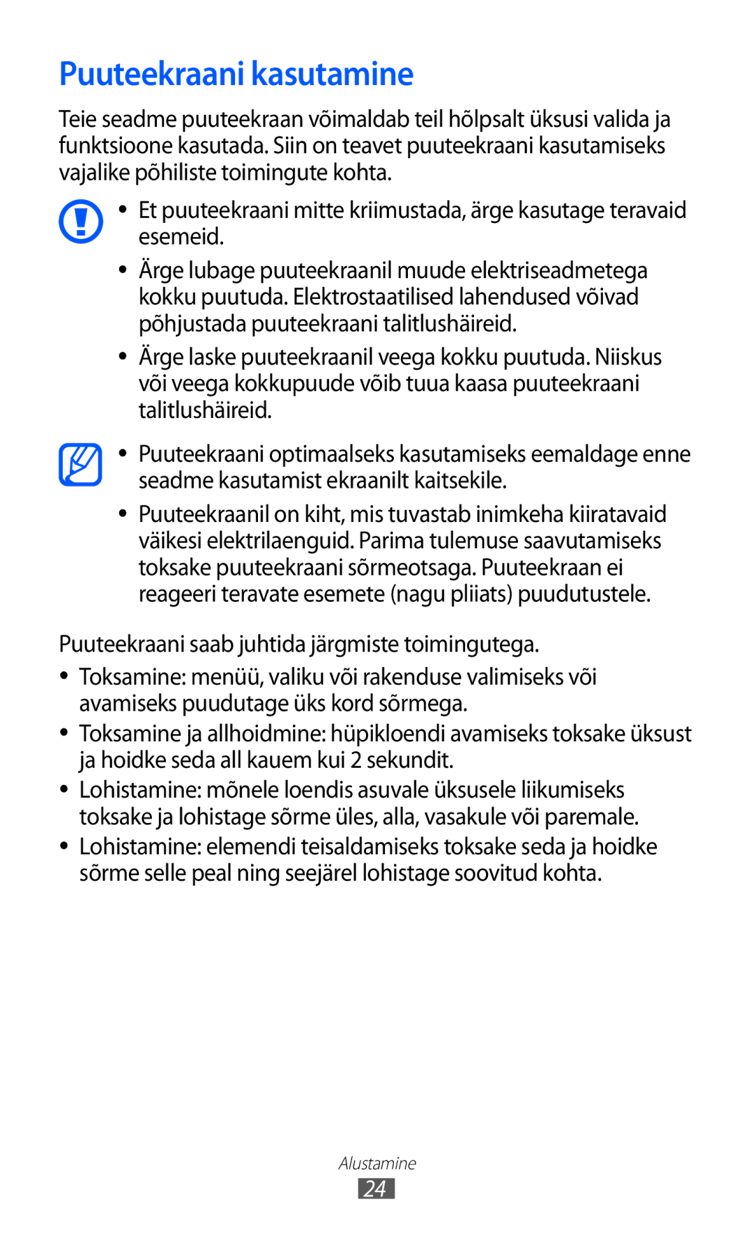 Samsung GT-S5690KOASEB manual Puuteekraani kasutamine, Puuteekraani saab juhtida järgmiste toimingutega 