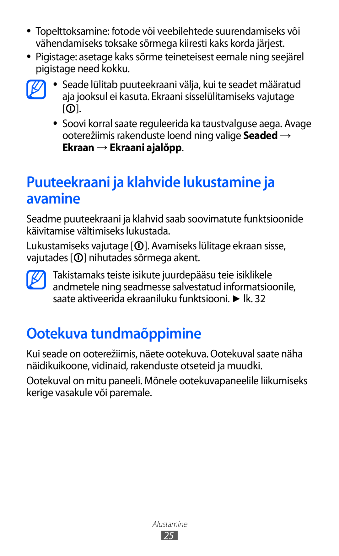 Samsung GT-S5690KOASEB manual Puuteekraani ja klahvide lukustamine ja avamine, Ootekuva tundmaõppimine 