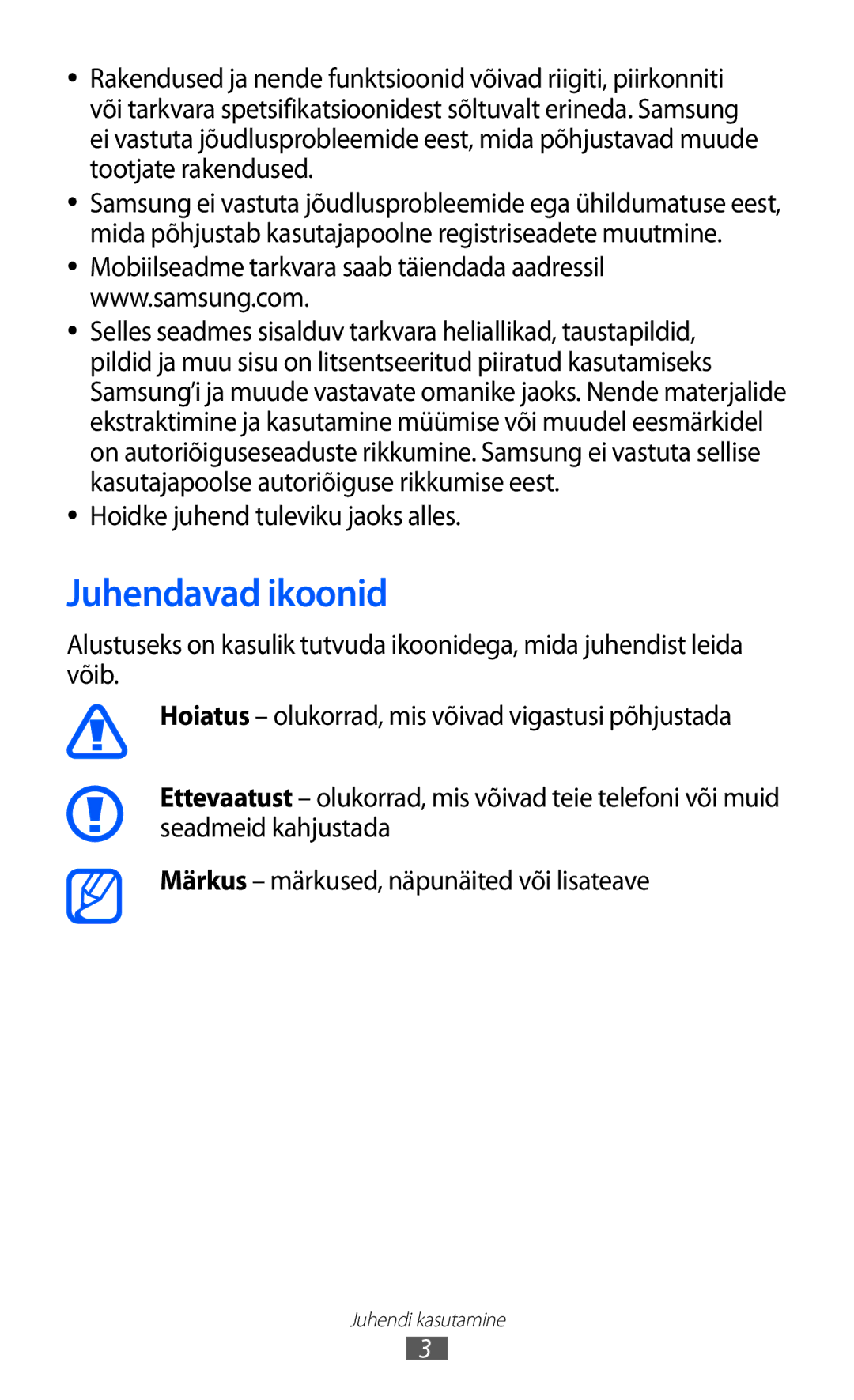 Samsung GT-S5690KOASEB manual Juhendavad ikoonid, Hoidke juhend tuleviku jaoks alles 