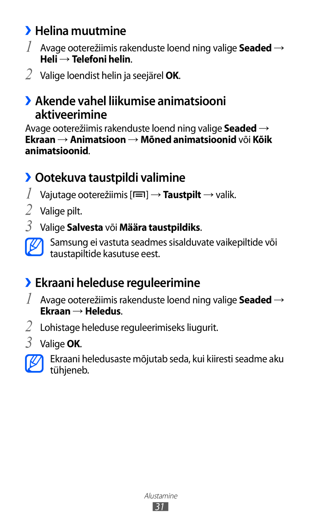 Samsung GT-S5690KOASEB manual ››Helina muutmine, ››Akende vahel liikumise animatsiooni aktiveerimine 